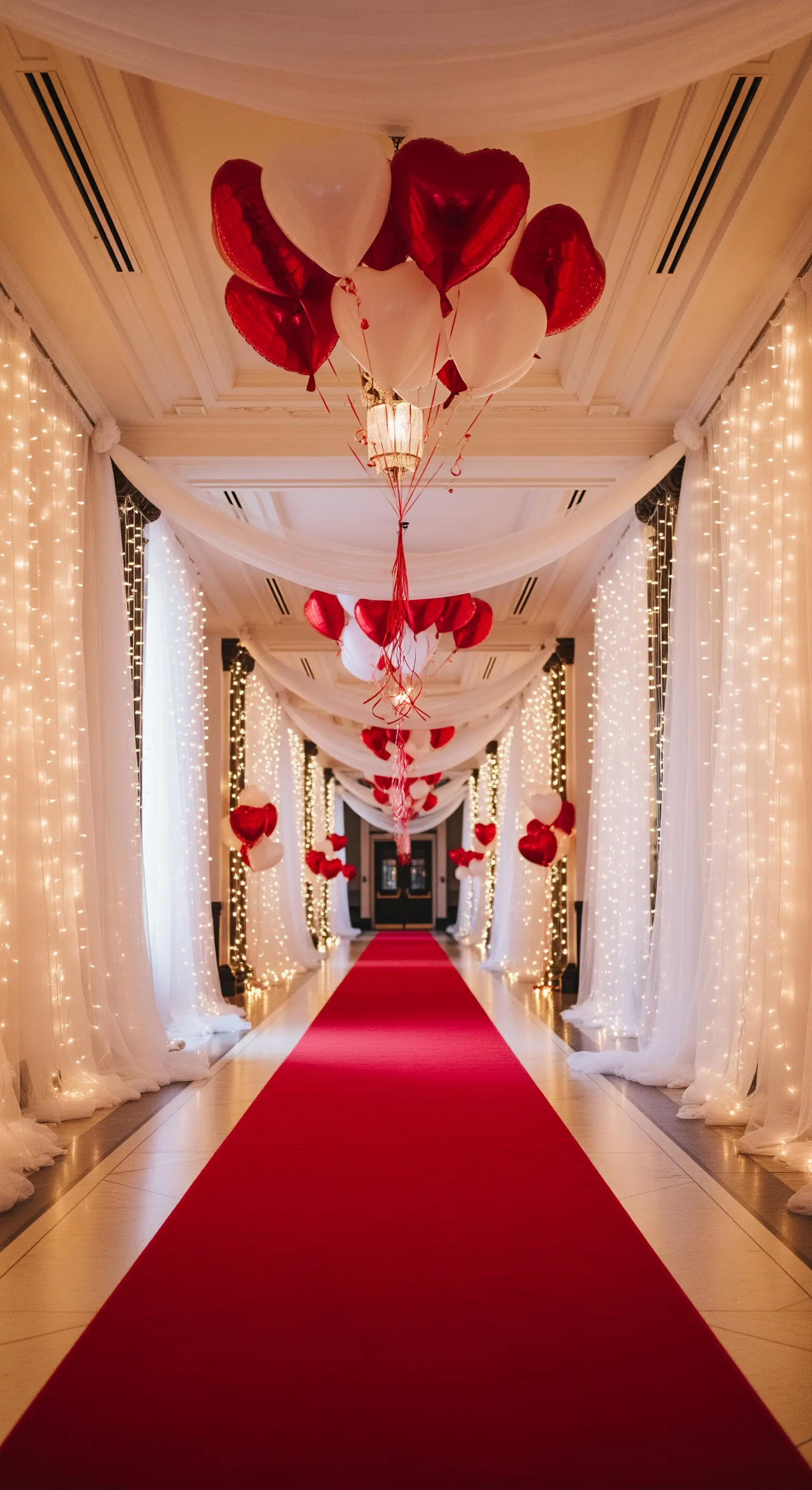 Luxuriöser Flur mit rotem Teppich, Lichterketten, Vorhängen und Herzballons.