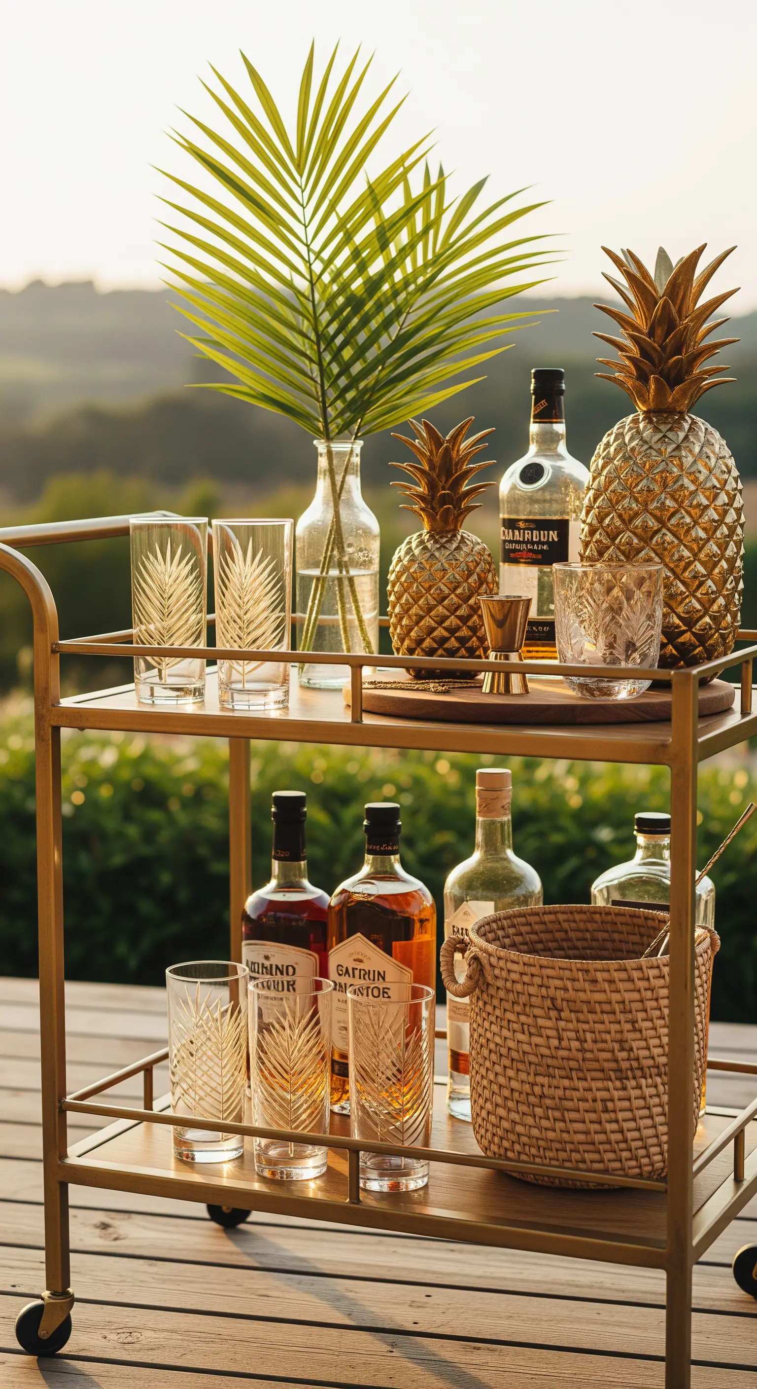 Goldener Bar-Wagen mit Palmen-Gläsern und Ananas-Deko