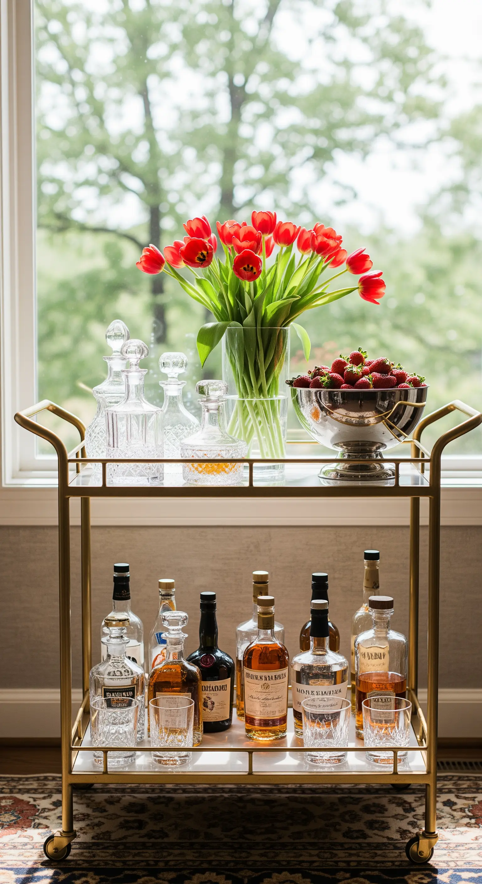 Goldener Barwagen mit roten Tulpen, Erdbeeren, Kristallkaraffen und Spirituosenflaschen.