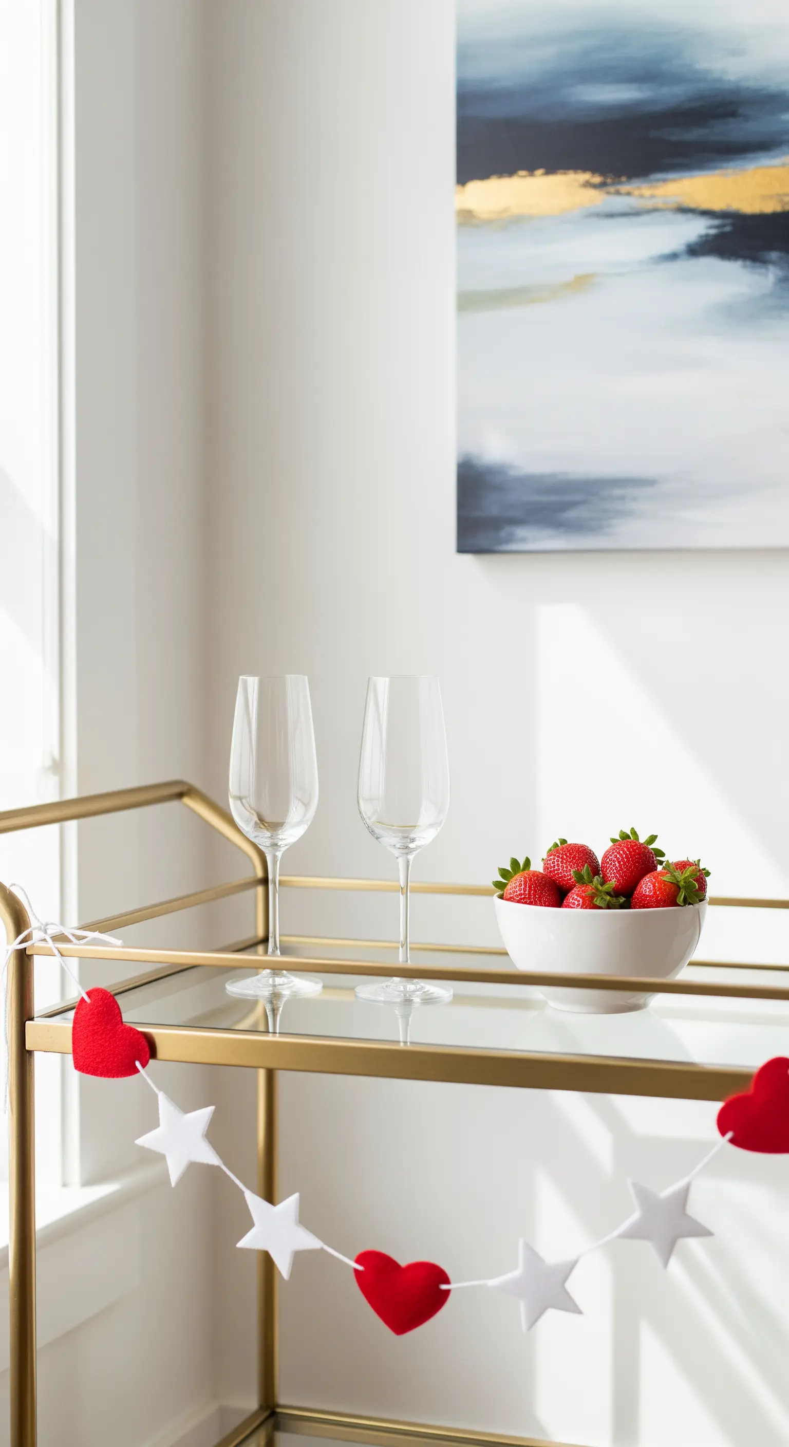 Goldener Barwagen mit Champagnergläsern, Erdbeeren und Herz-Stern-Girlande.