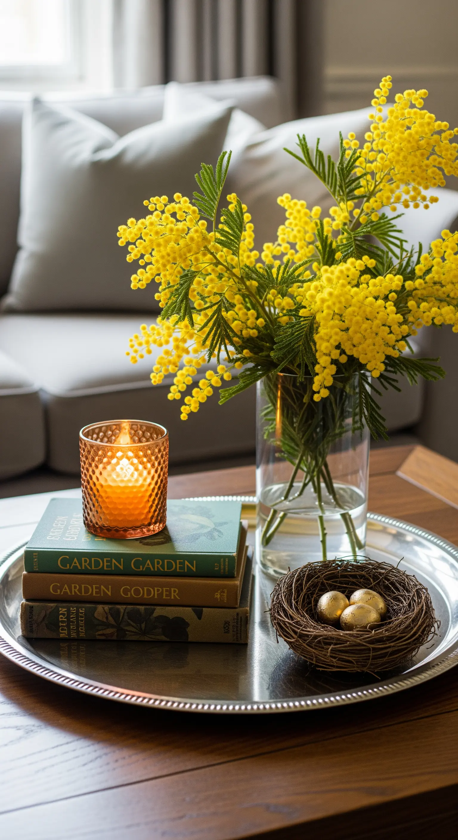 Couchtisch mit Silberserviertablett, Büchern, Mimose, Kerze und goldenen Eiern.