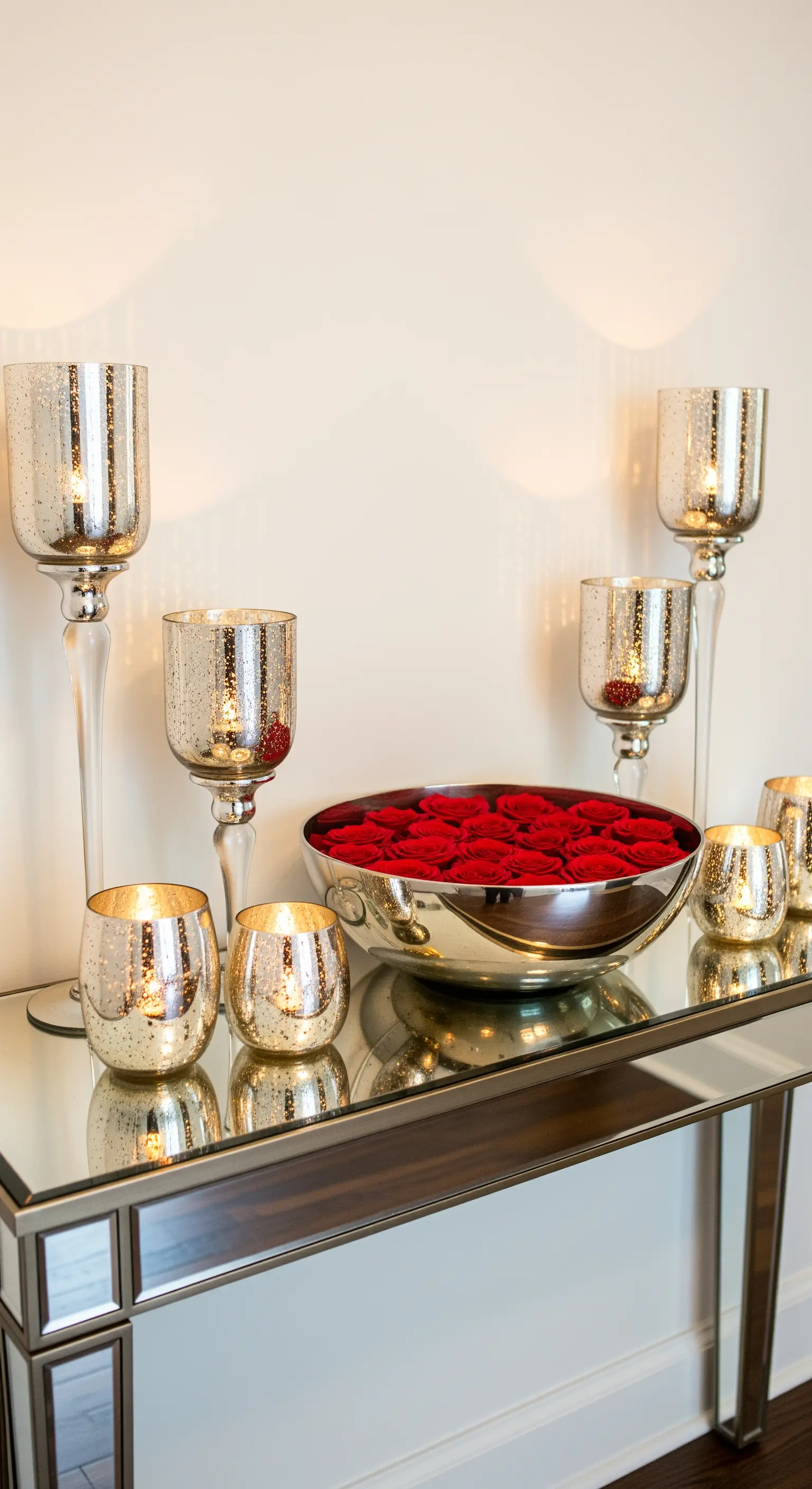 Konsolentisch mit Merkurglas-Kerzenhaltern und Silberschale voller Rosen