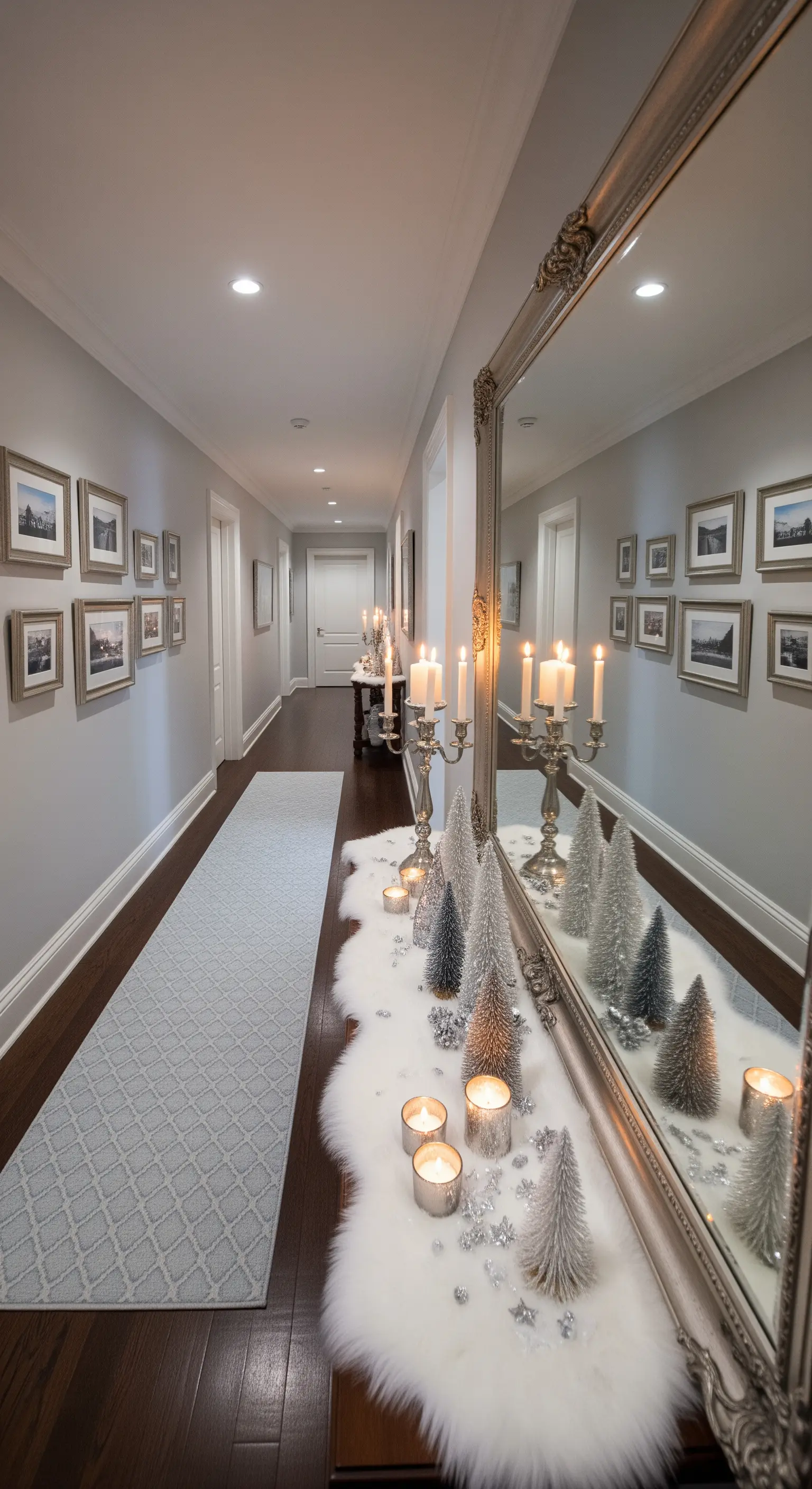 Flur mit weißem Pelzläufer, silbernen Tannenbäumen, Kerzen und großem Spiegel.