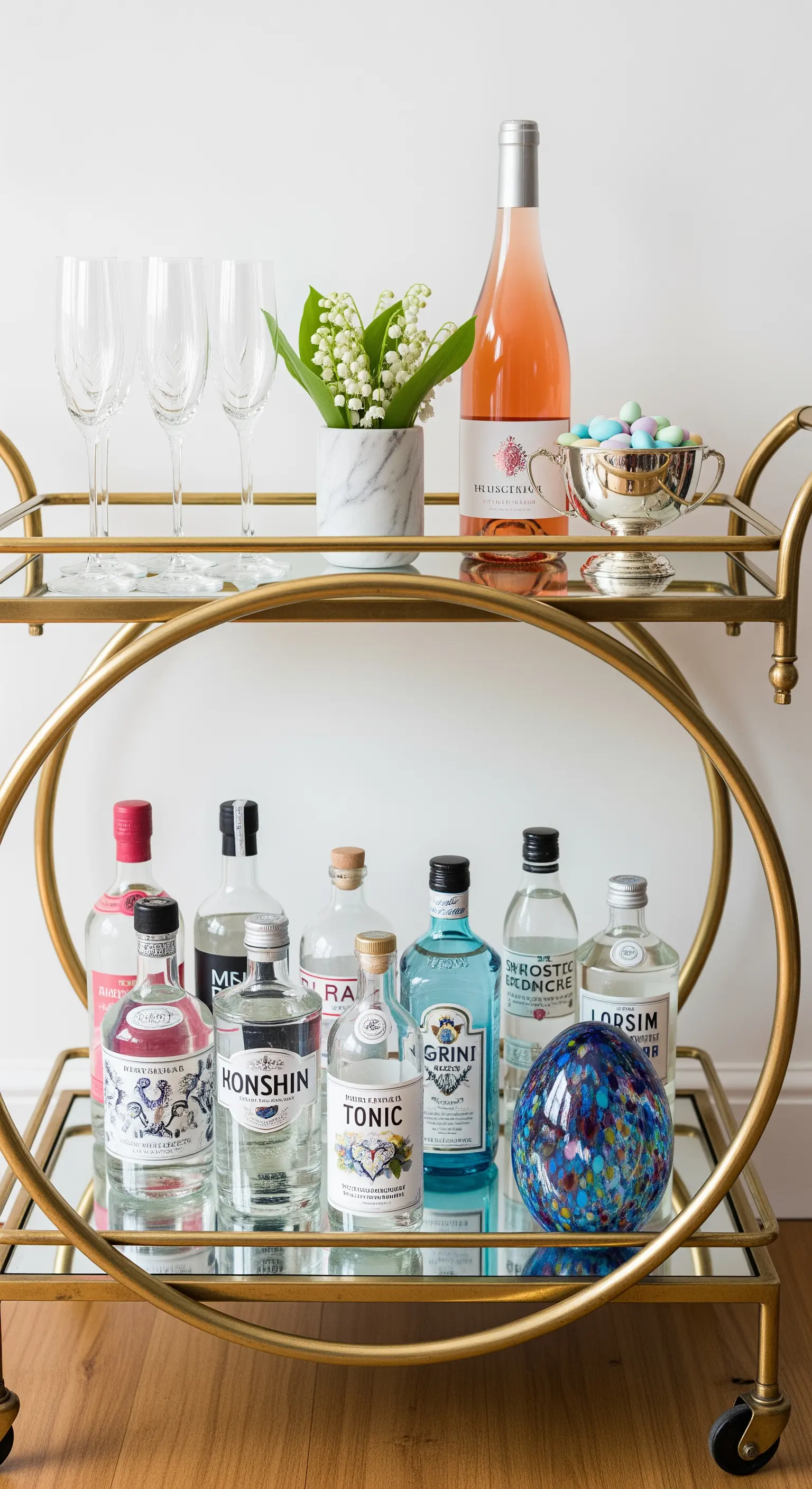 Elegant gestylter goldener Bar-Wagen mit Roséwein und Frühlingsblumen für Ostern.
