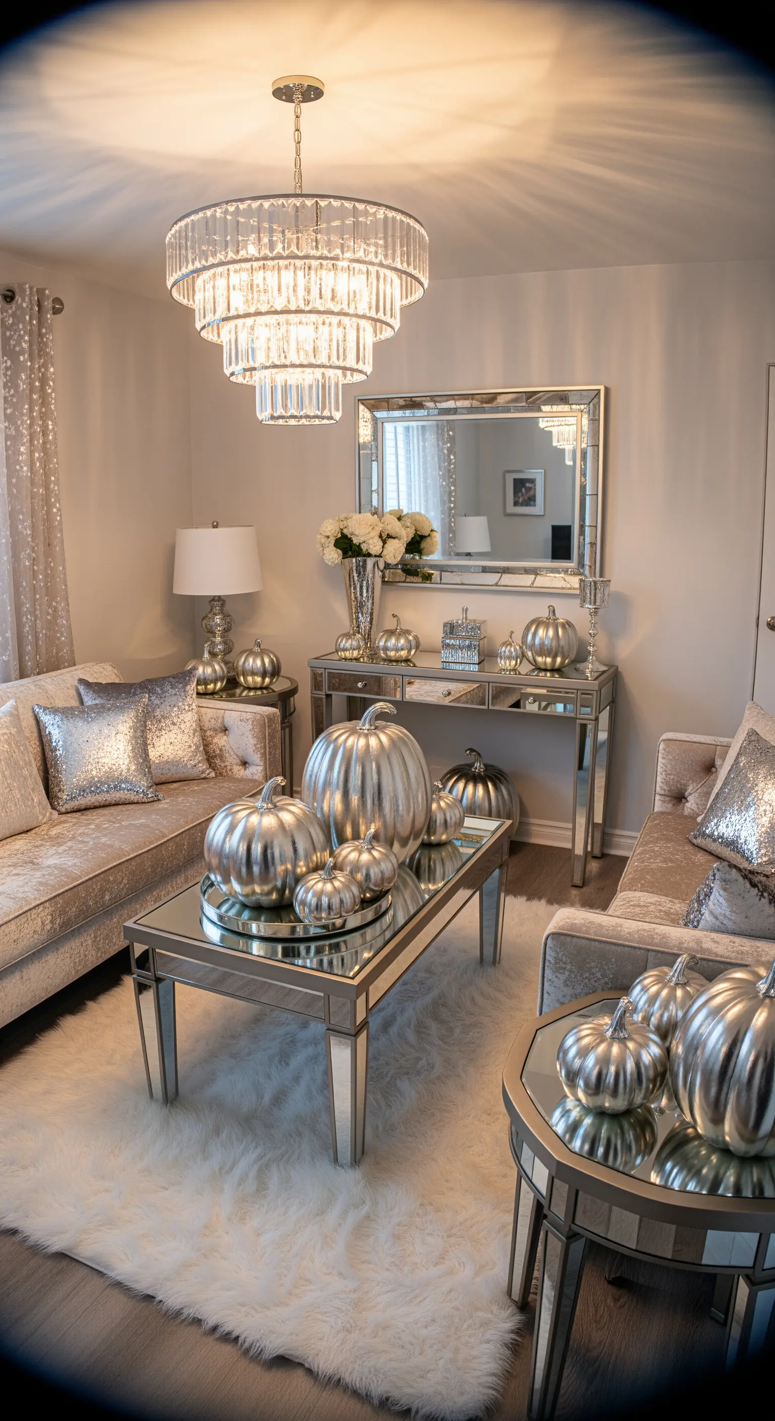 Glamouröses Wohnzimmer mit Spiegelmöbeln, Silber-Kürbissen und Kristallleuchter.