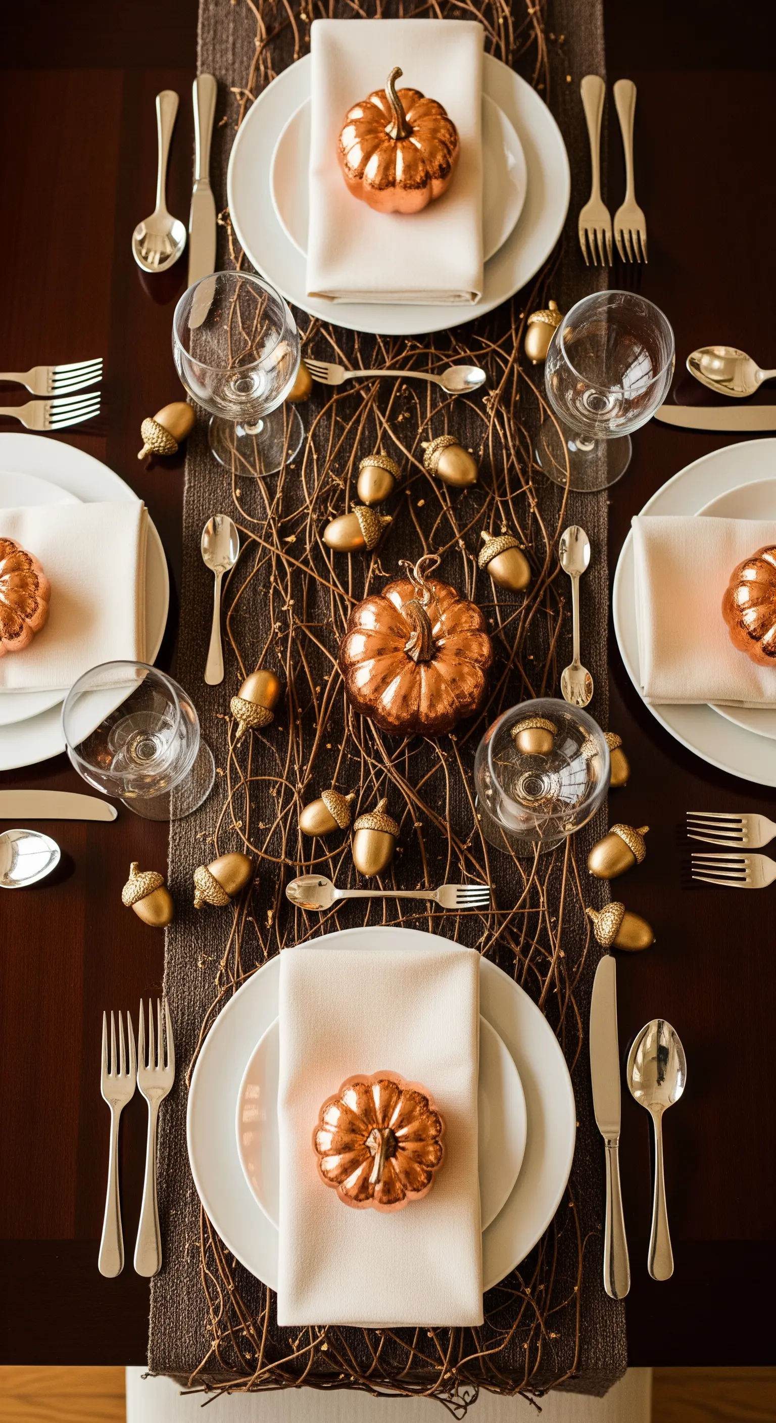 Esstisch mit kupferfarbenen Kürbissen, goldenen Eicheln und Zweigen auf Tischläufer.