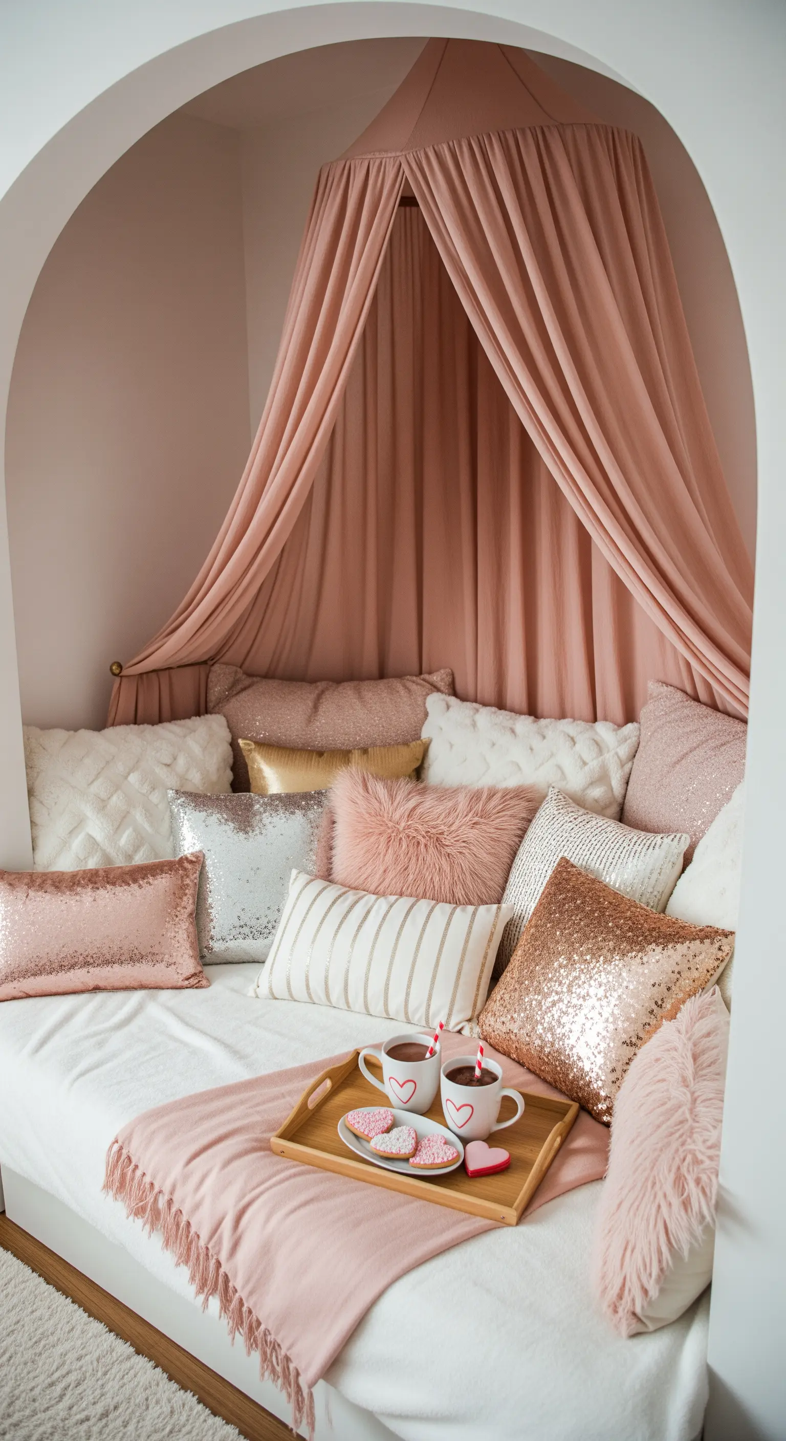 Gemütliche Bettnische mit einem rosa Baldachin und vielen Kissen in Rosa und mit Pailletten.