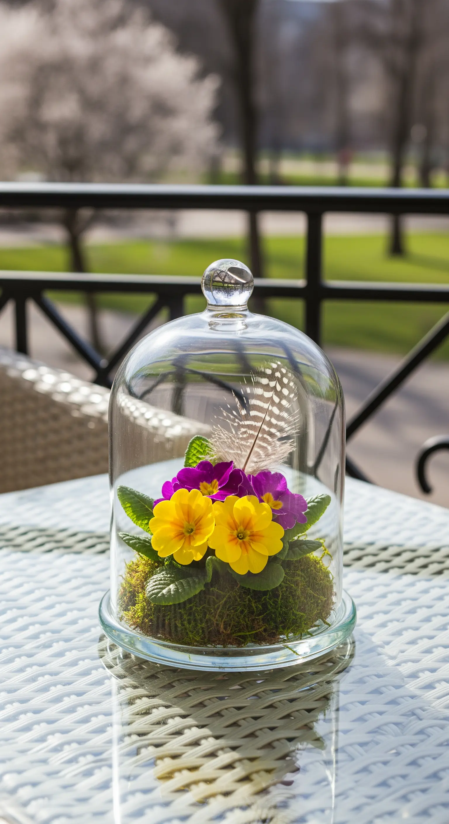 Primeln und Feder unter Glashaube auf dem Balkon