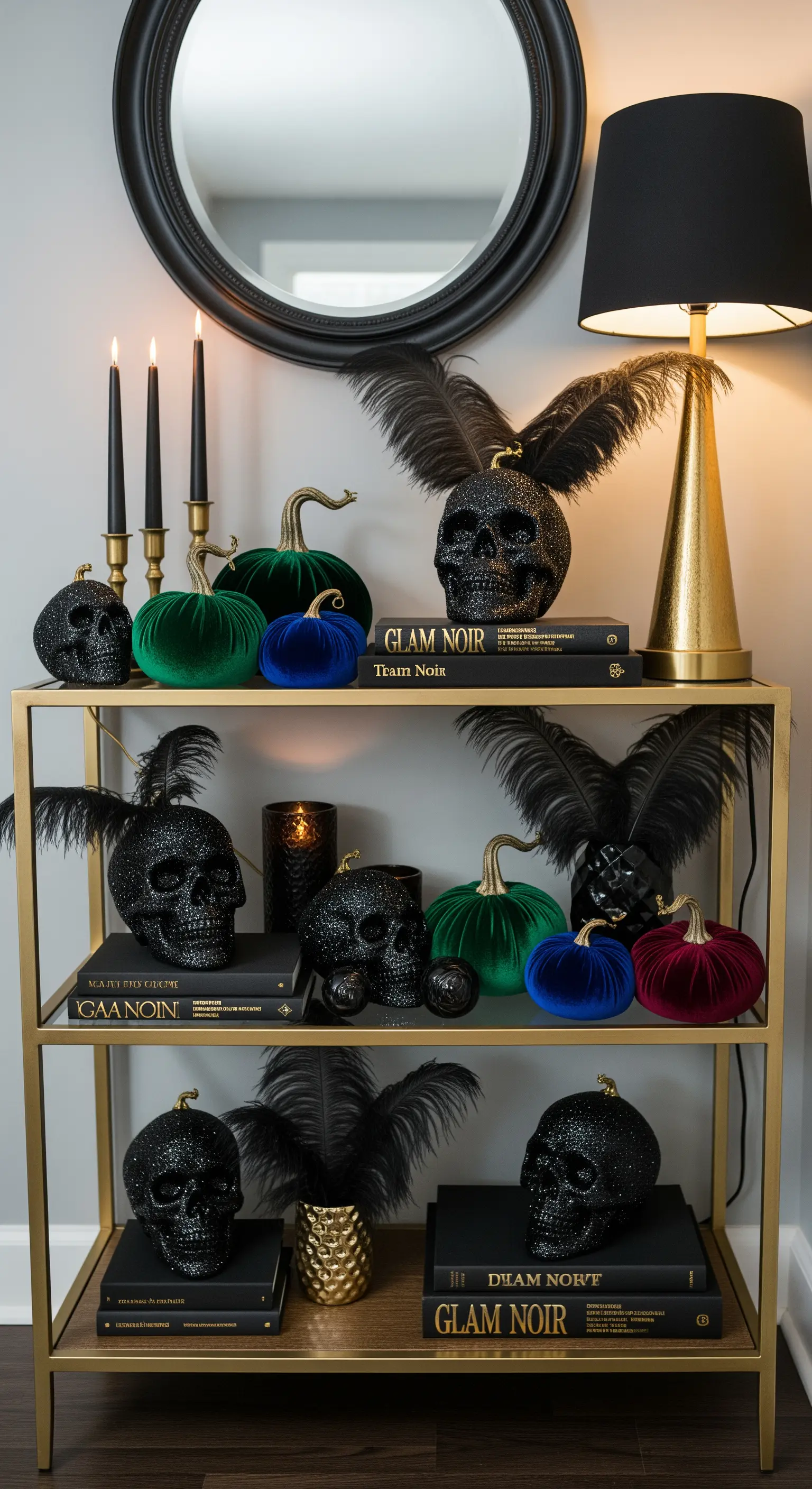 Luxuriöse Halloween-Deko mit Glitzer-Schädeln, Samtkürbissen und Federn.