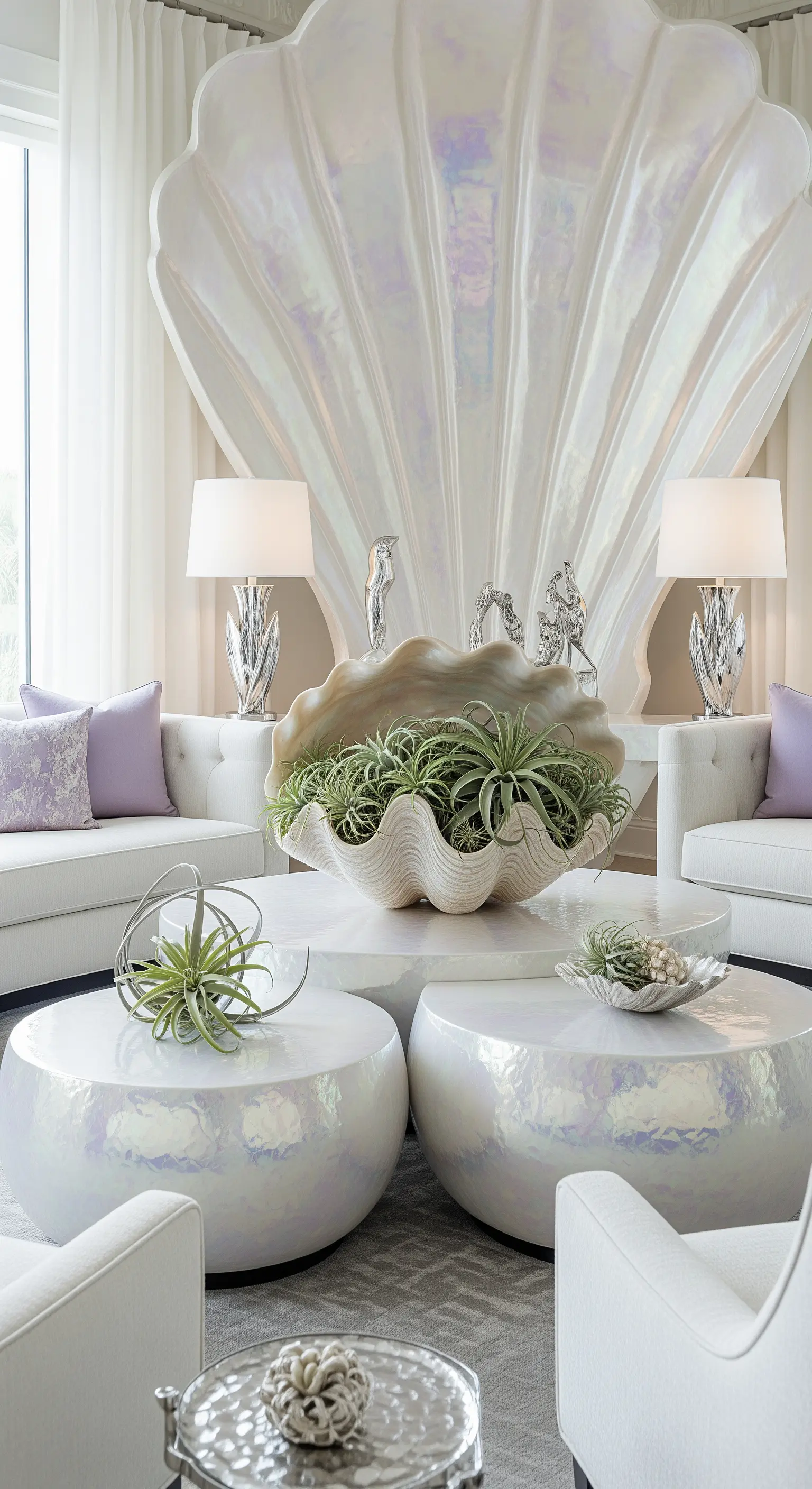 Glamouröses Wohnzimmer, Muschel-Wanddeko, Perlmutttische, Luftpflanzen, Lila Akzente