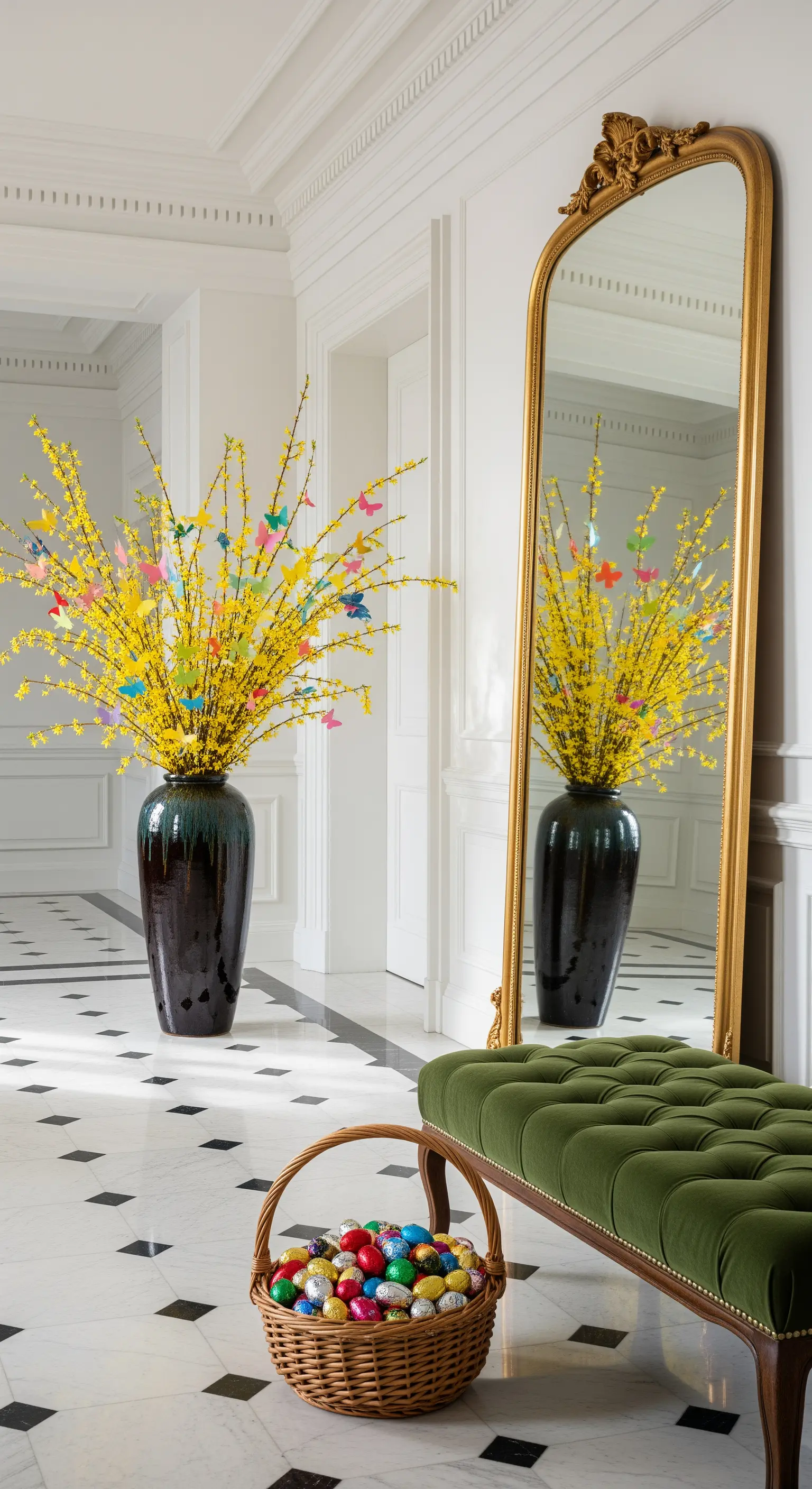 Eingangshalle mit goldenem Spiegel, Frühlingsblumen und Schmetterlingen
