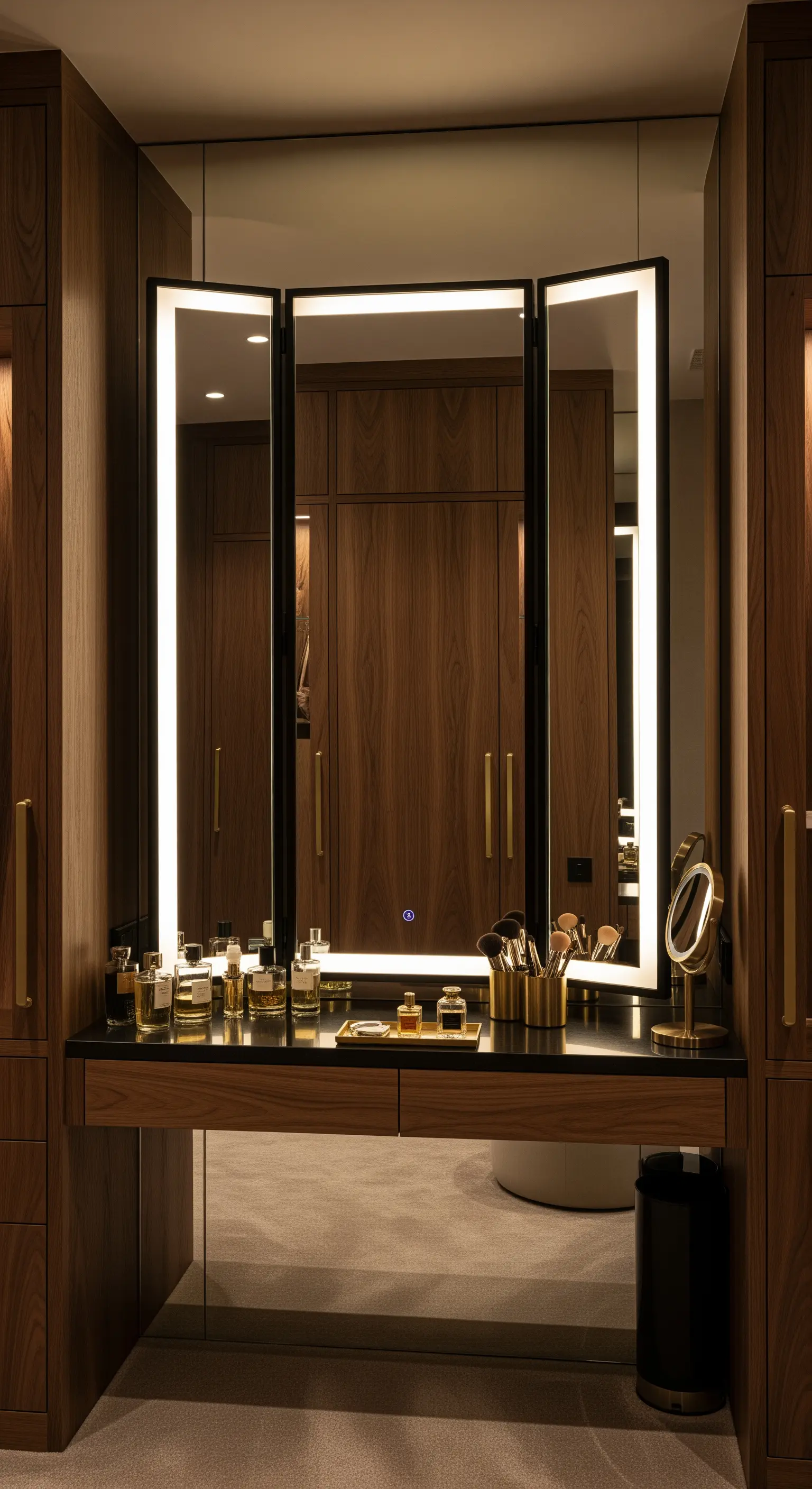 Schminktisch mit beleuchtetem Dreifachspiegel, Holzmöbeln und Parfümflaschen