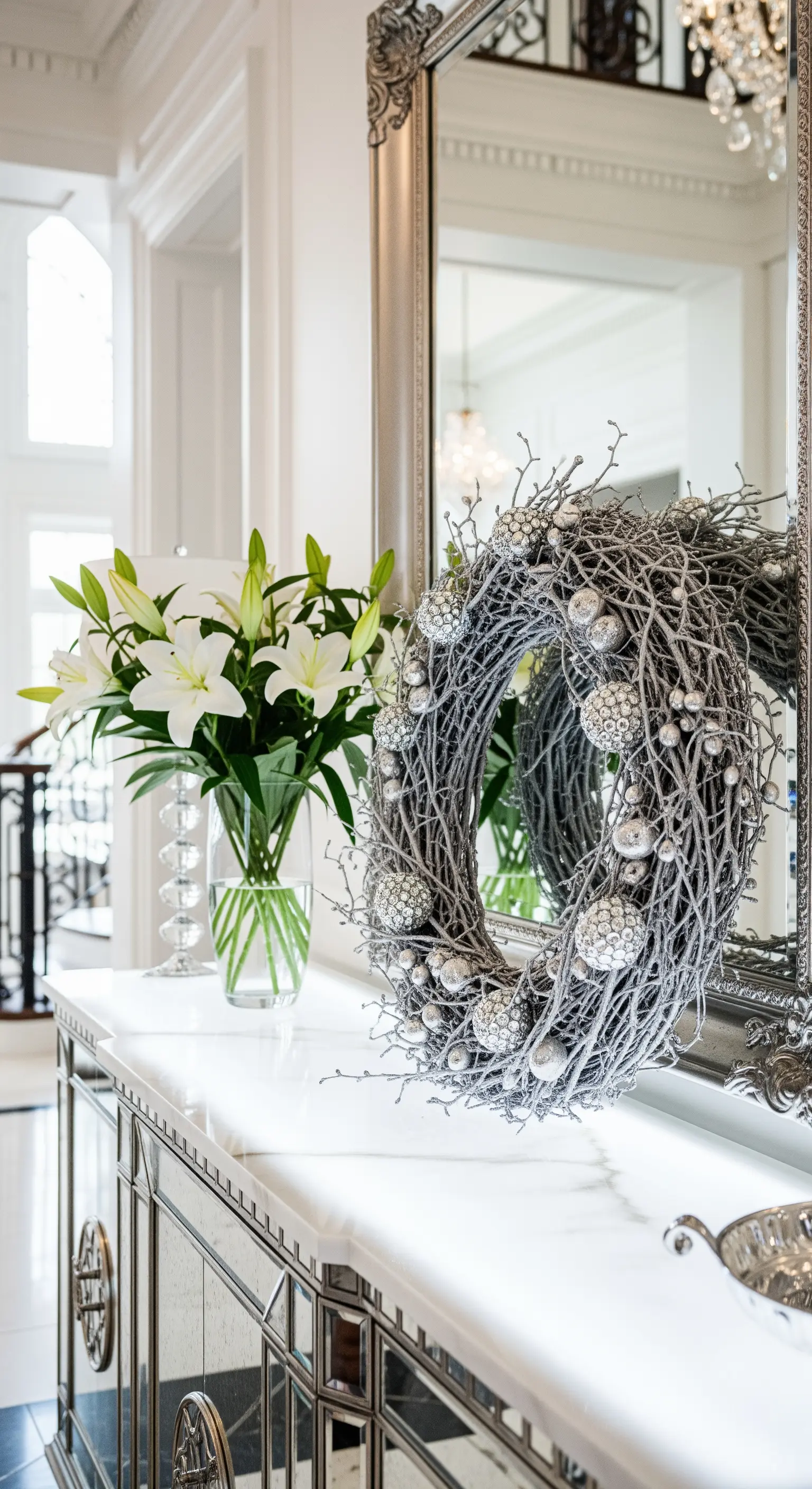 Silberner Zweigkranz mit Kugeln auf Marmorkonsole