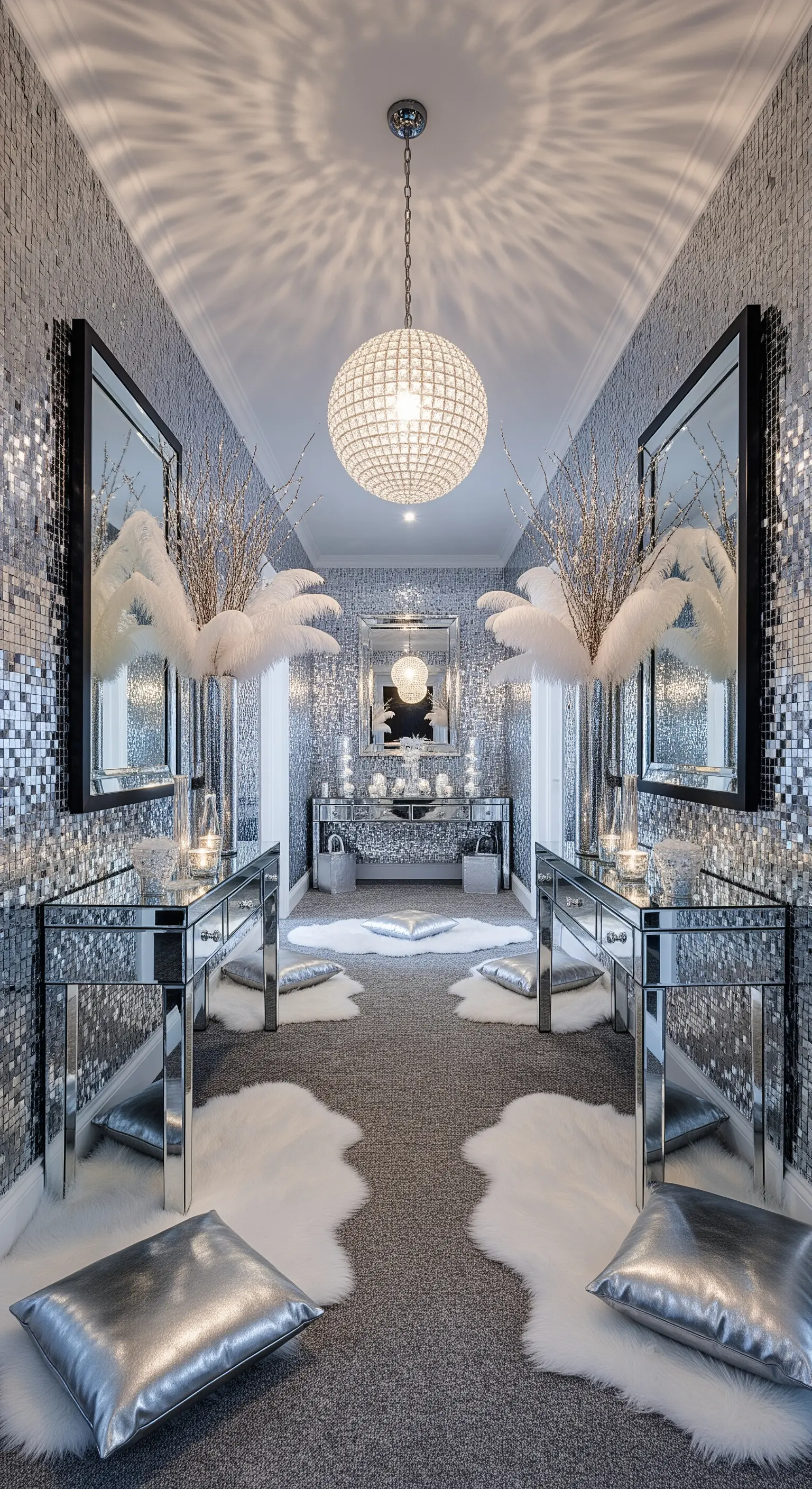 Glamouröser Flur mit Spiegelfliesen, reflektierenden Tischen, Kronleuchter und weißen Fellen