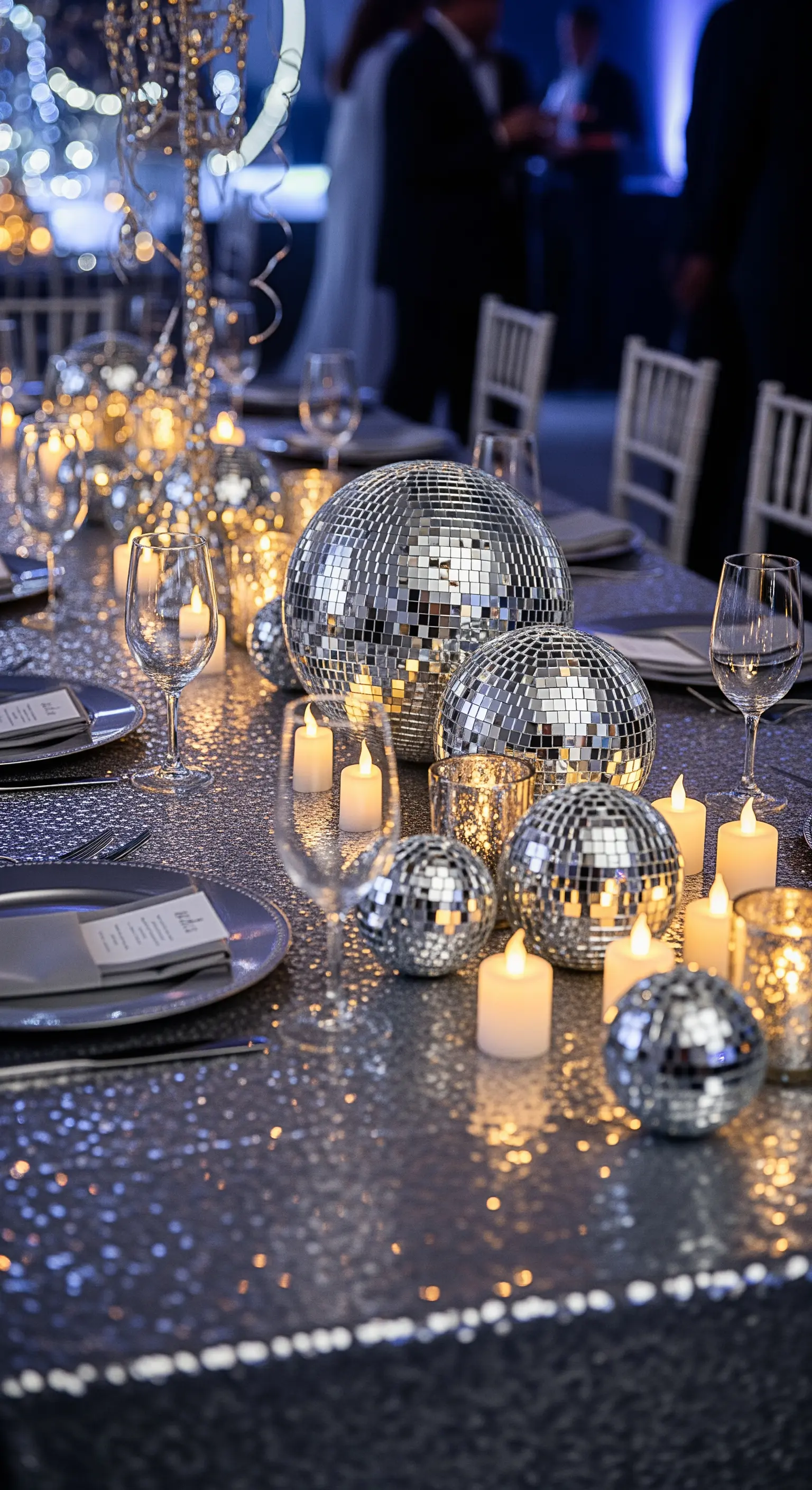 Silvestertisch mit Pailletten-Tischdecke, Discokugeln und vielen Teelichtern.