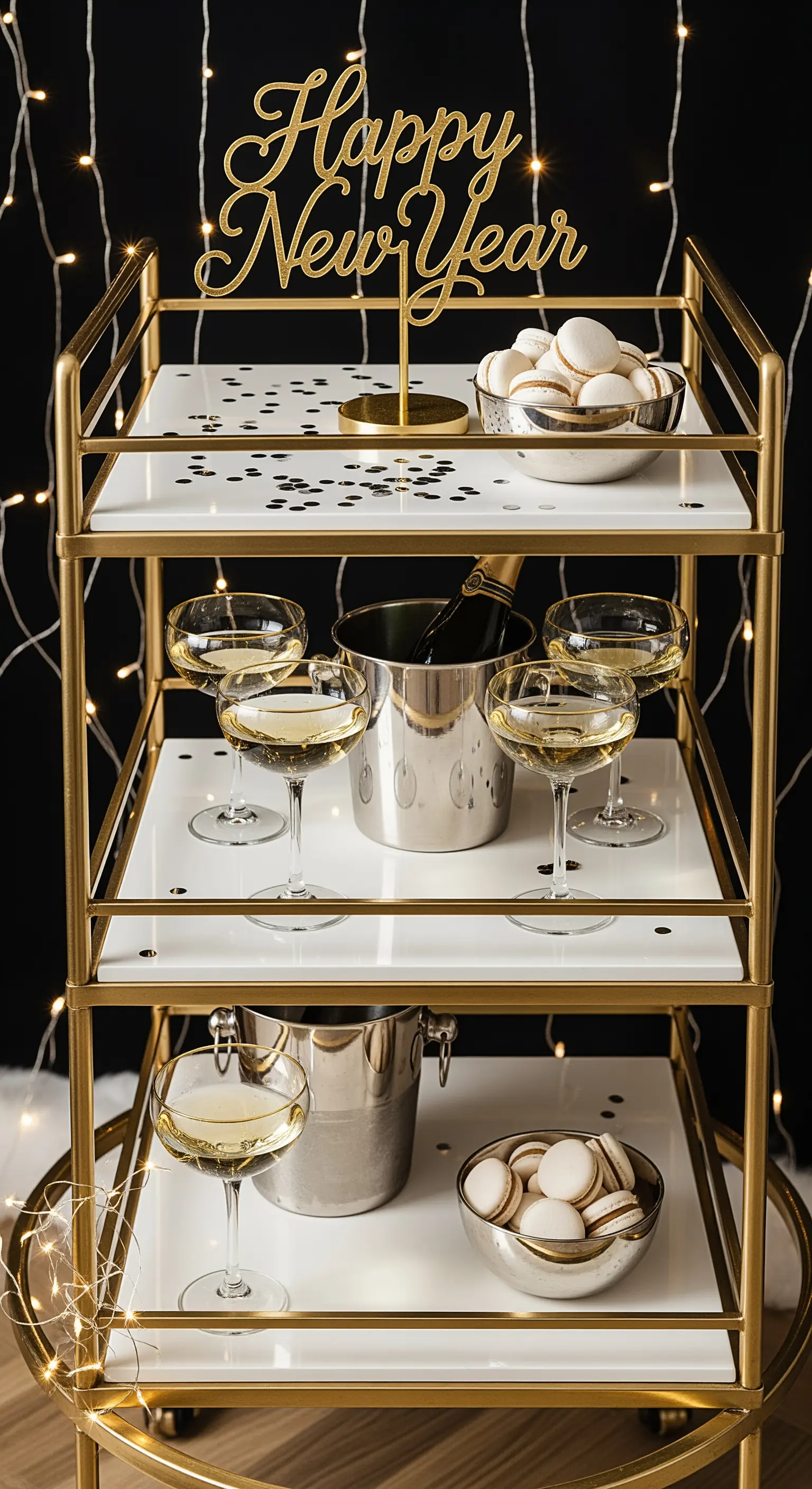 Goldener Barwagen als Etagere für Silvester, beladen mit Champagner, Gläsern und Macarons.