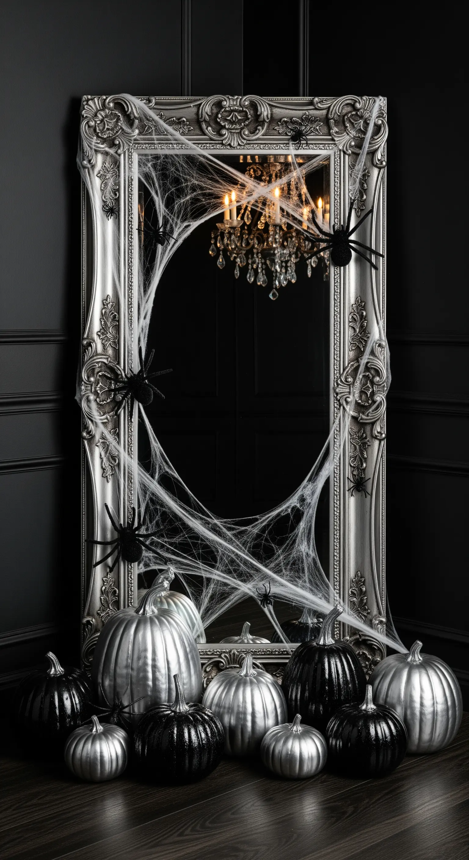 Opulenter Vintage-Spiegel mit Spinnweben, schwarzen und silbernen Kürbissen