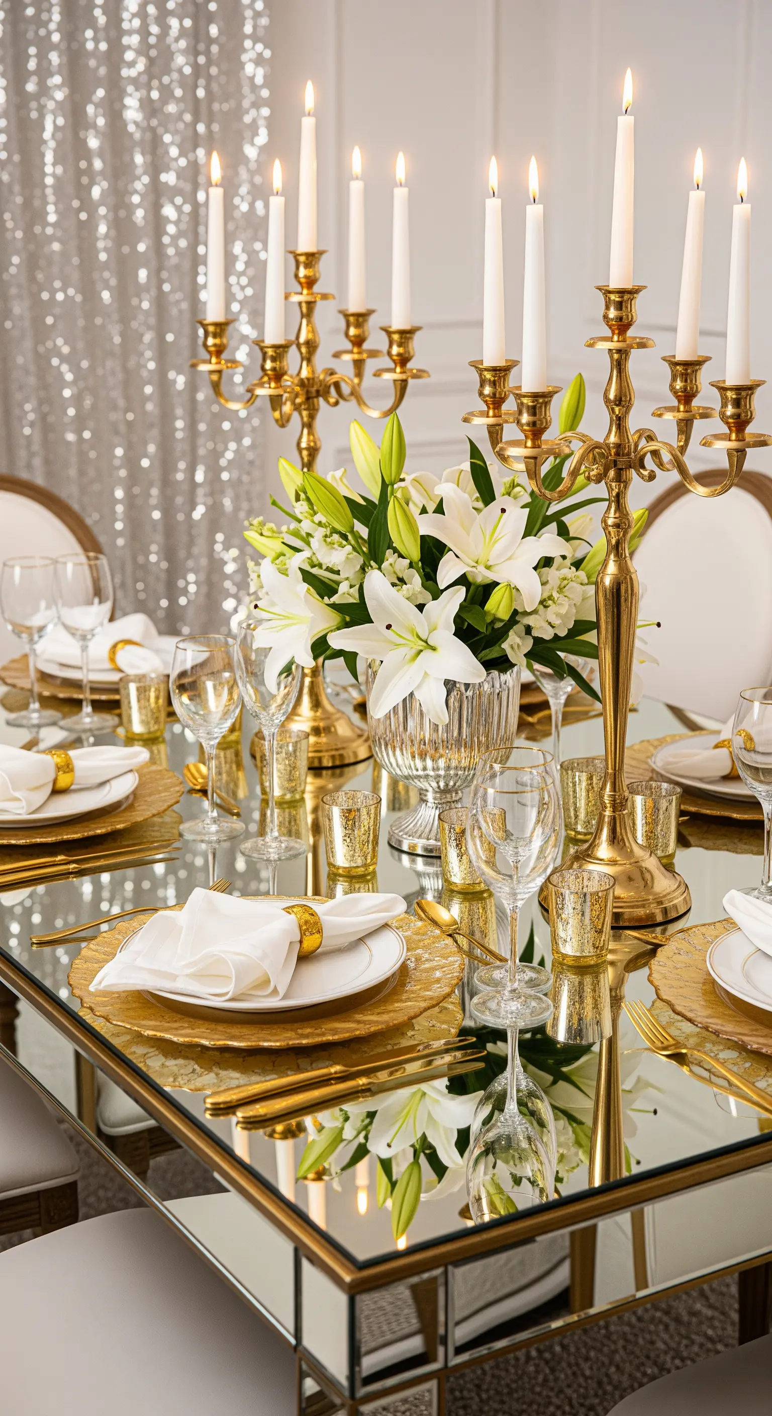 Glamouröser Spiegeltisch mit weißen Lilien, goldenen Kandelabern und Pailletten-Hintergrund