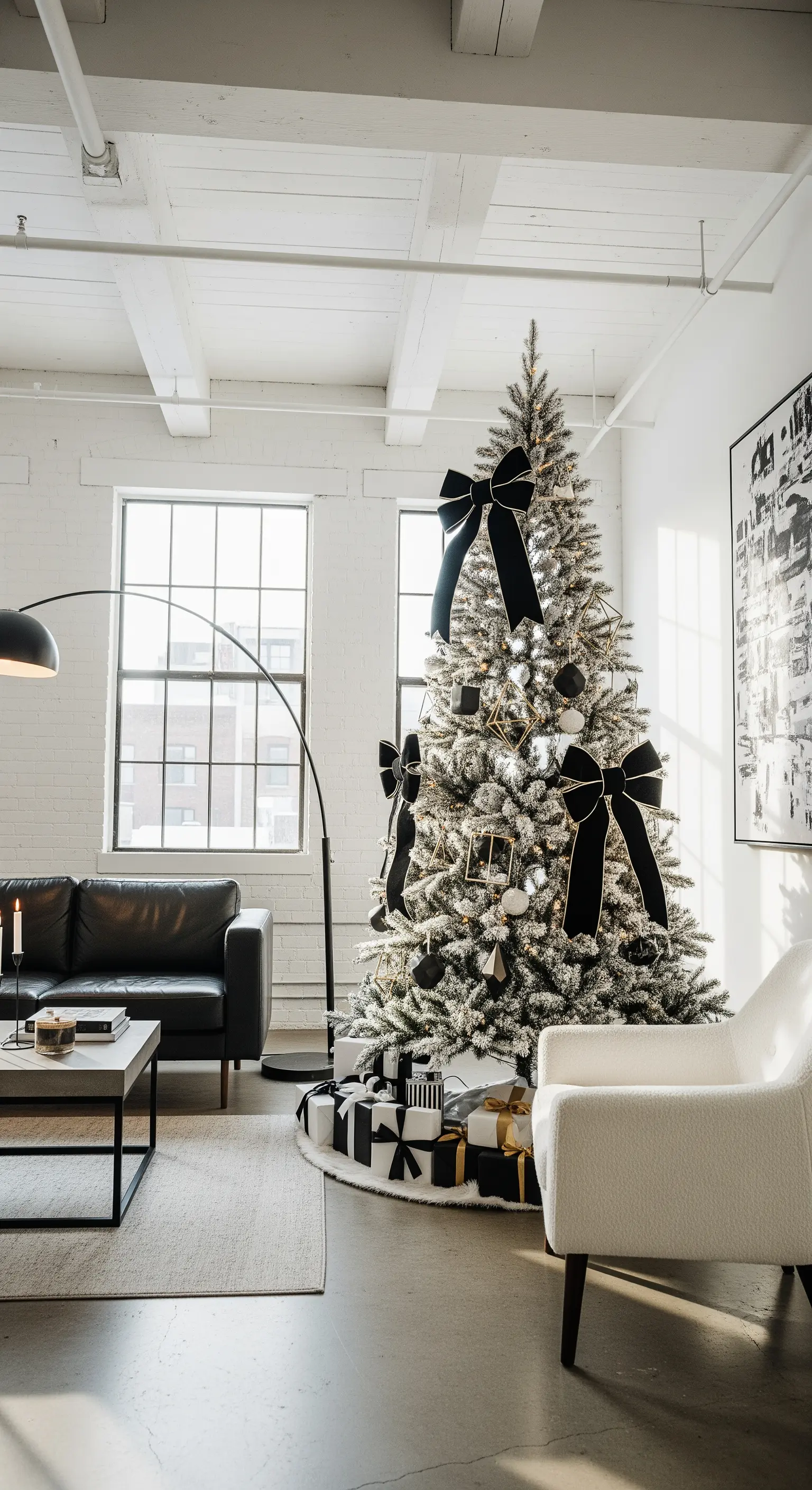 Beflockter Weihnachtsbaum mit großen schwarzen Samtschleifen und Gold-Dekor.