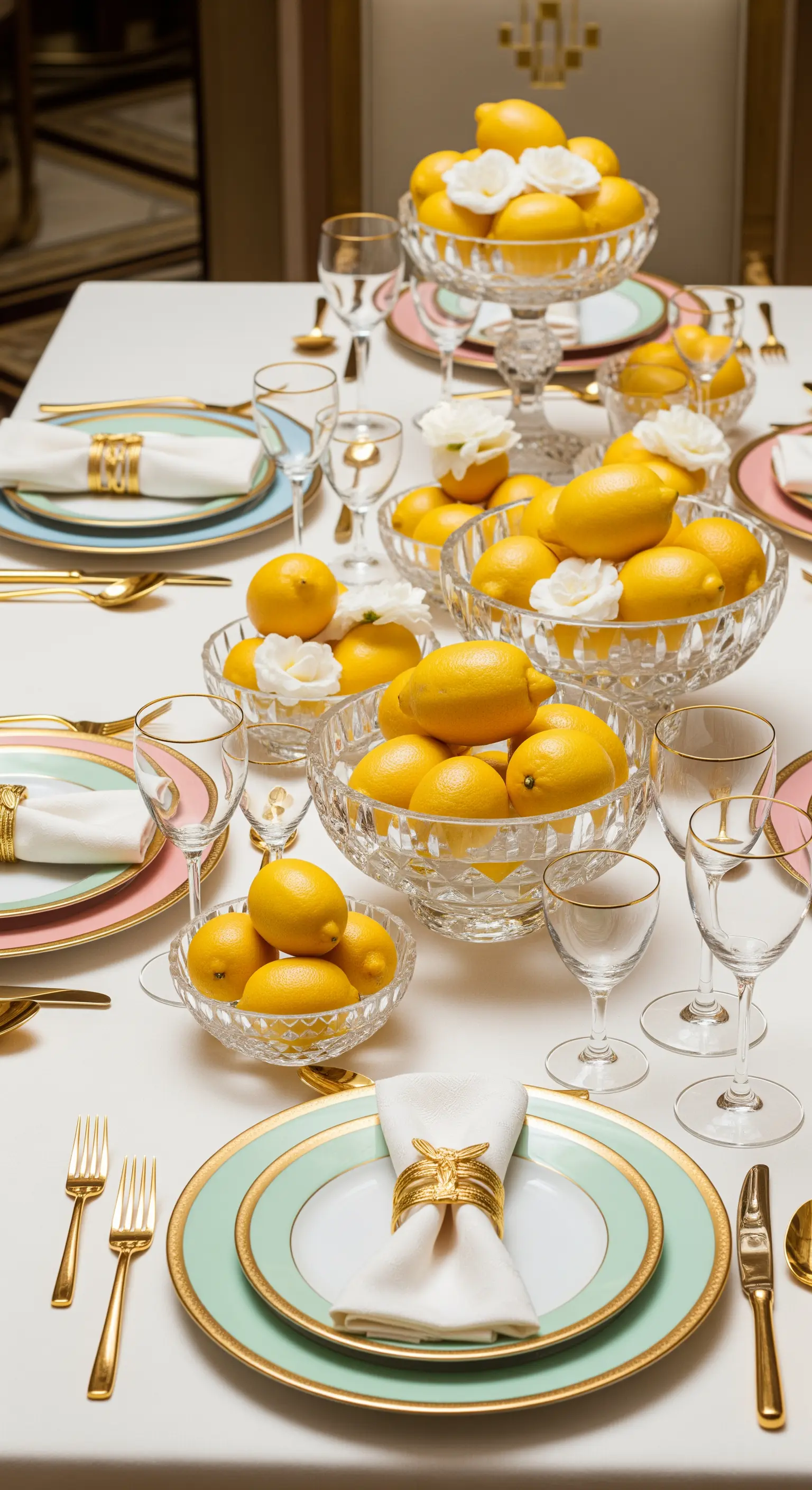 Luxuriöser Brunchtisch mit Kristallschalen voller Zitronen, weißen Rosen, Goldbesteck und Pastellgeschirr