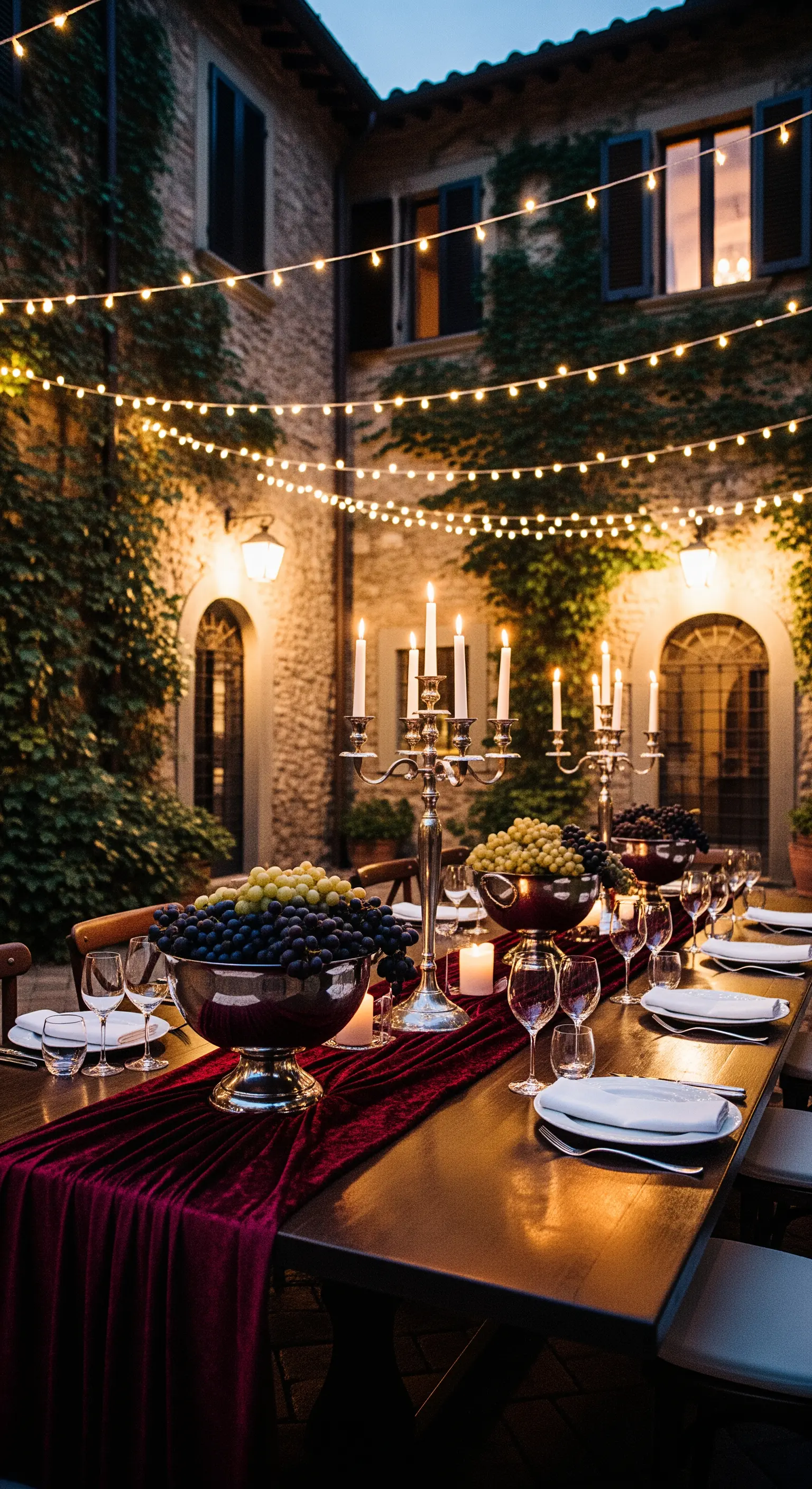 Abendessen im Innenhof mit rotem Samt, silbernen Kandelabern, Trauben und Lichterketten
