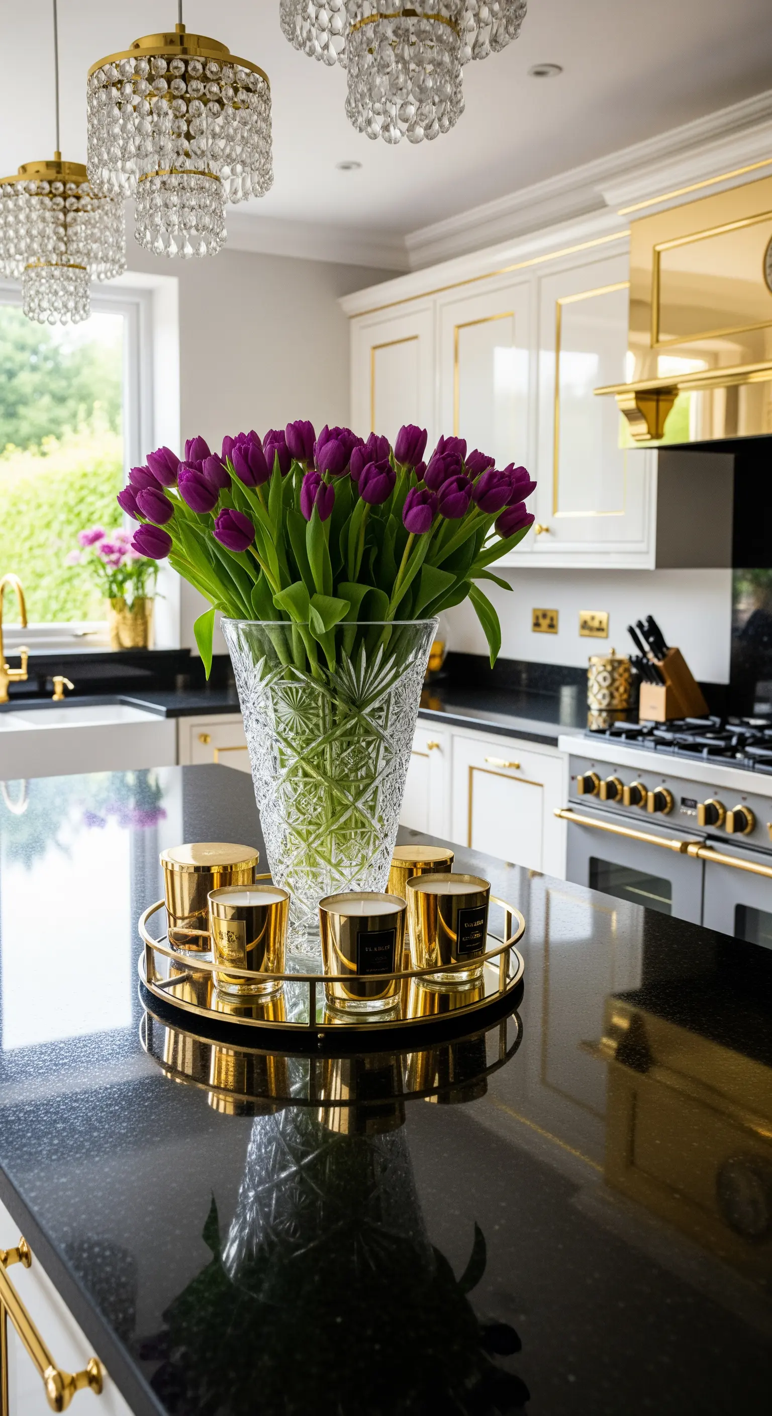 Lila Tulpen in Kristallvase, goldene Kerzen auf Goldtablett auf schwarzer Arbeitsplatte