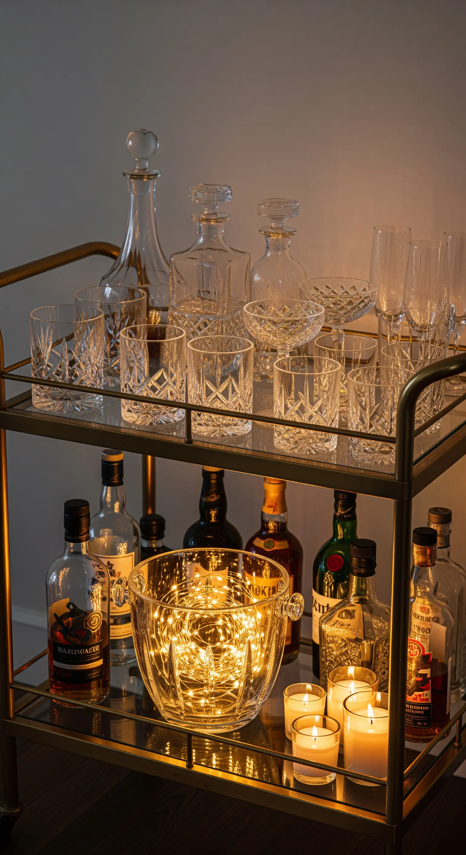 Goldener Barwagen mit Kristallgläsern und einem leuchtenden Eiskübel, gefüllt mit Lichterketten.