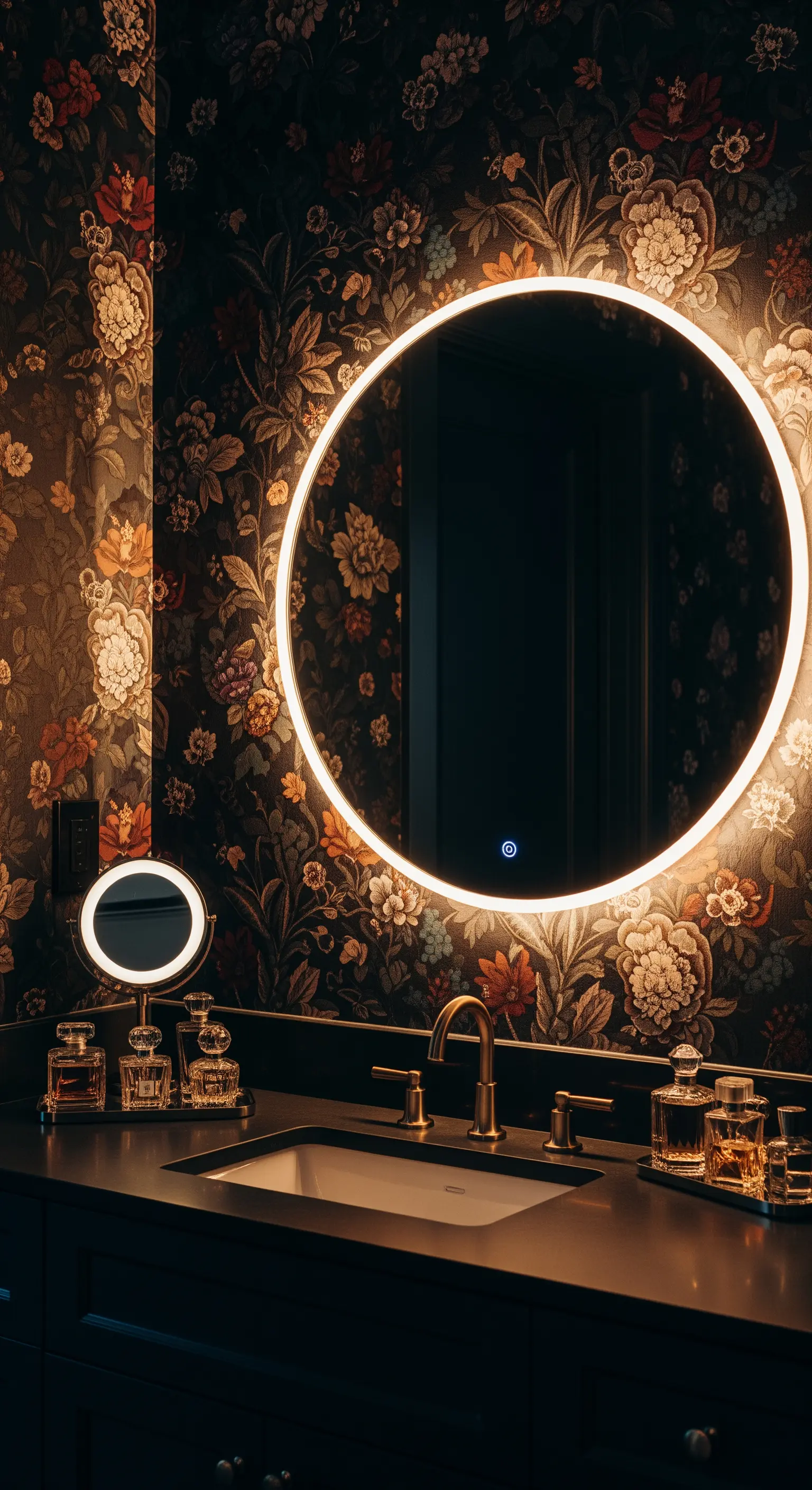 Gäste-WC mit floraler Tapete, beleuchtetem Rundspiegel und goldenen Armaturen