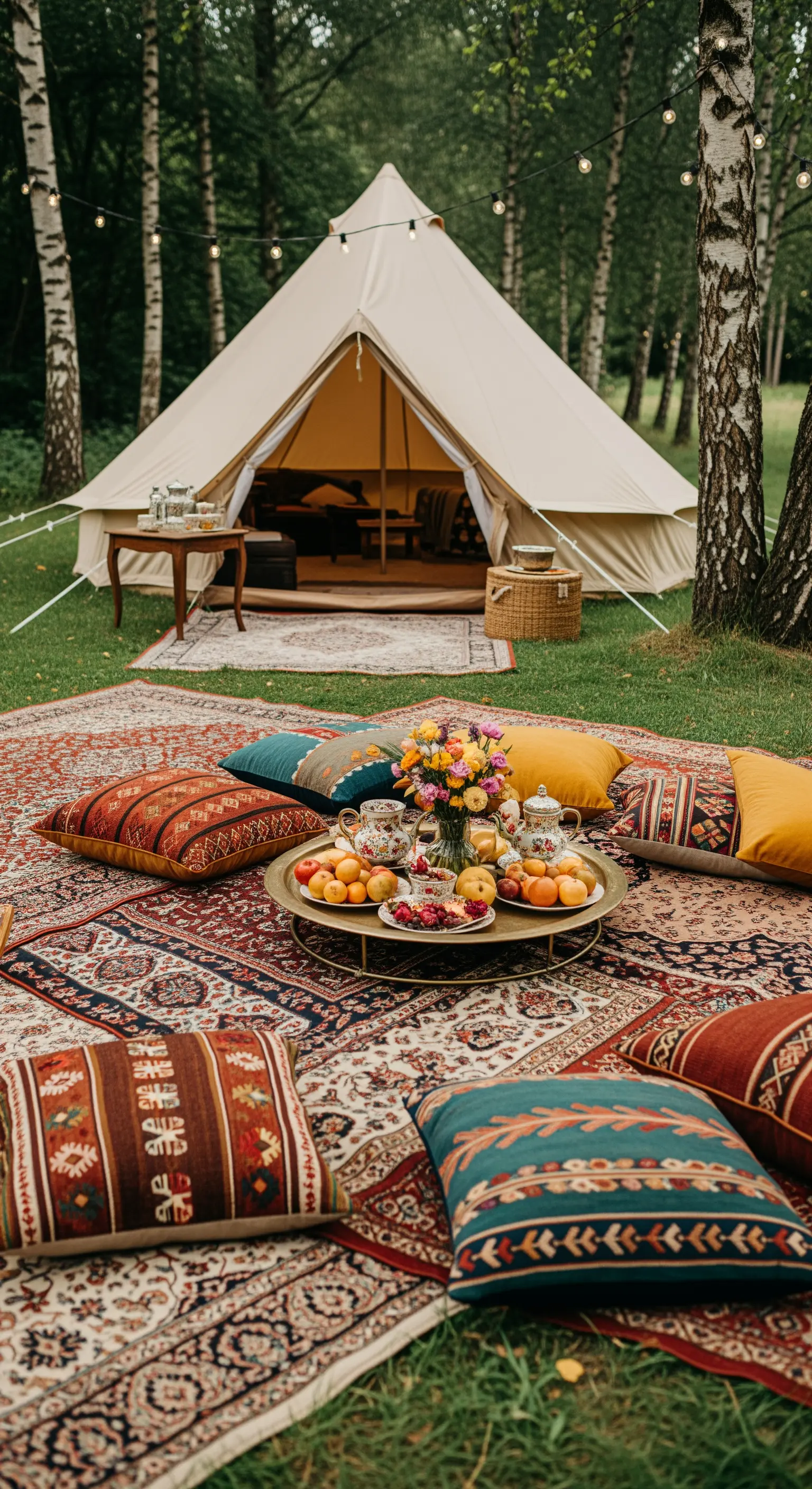 Glockenzelt mit orientalischen Teppichen und bunten Kissen für Glamping-Erlebnis.