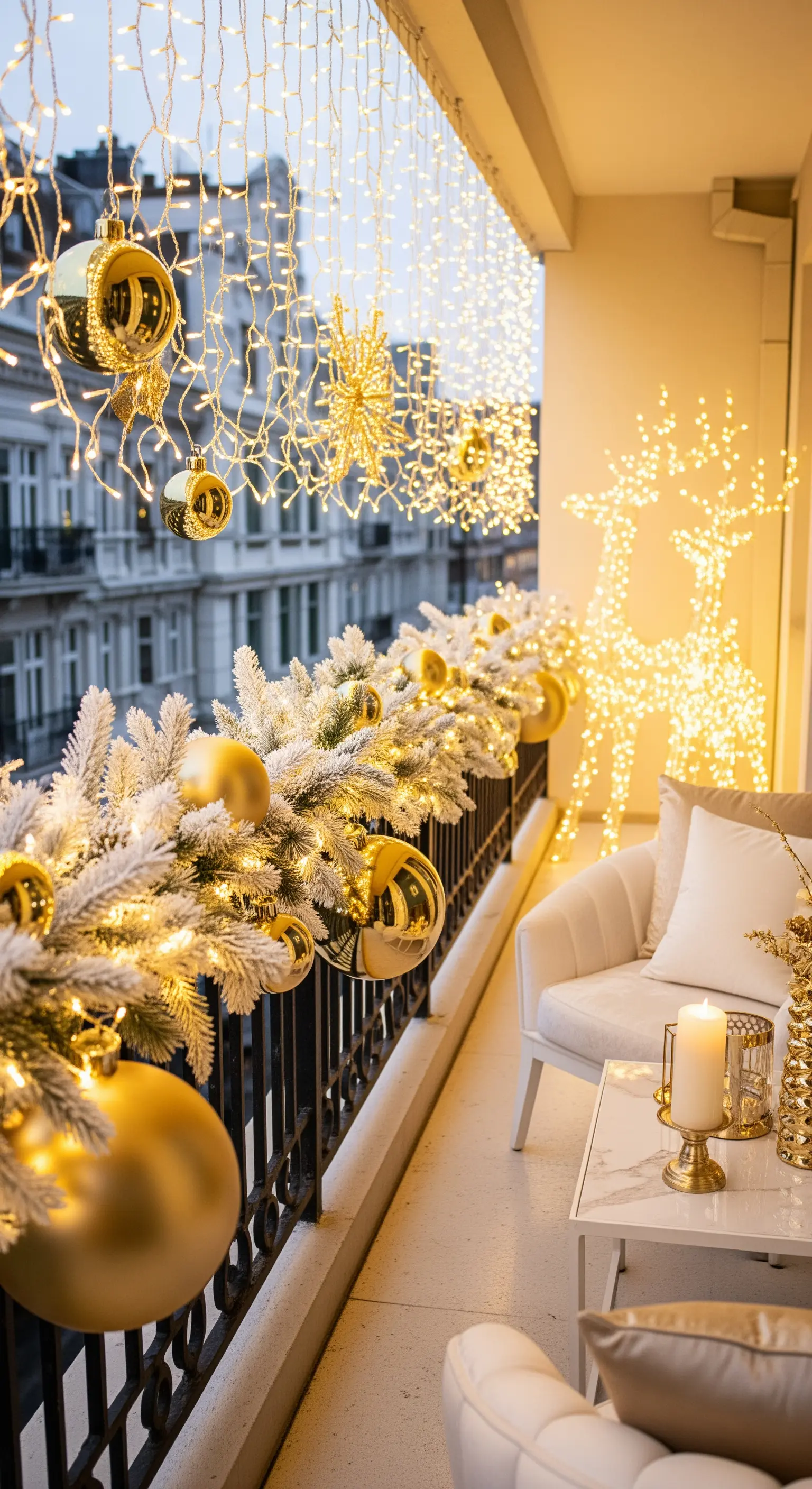 Glamouröser Balkon mit goldener Weihnachtsdeko, Lichterketten, Rentier und Sitzbereich