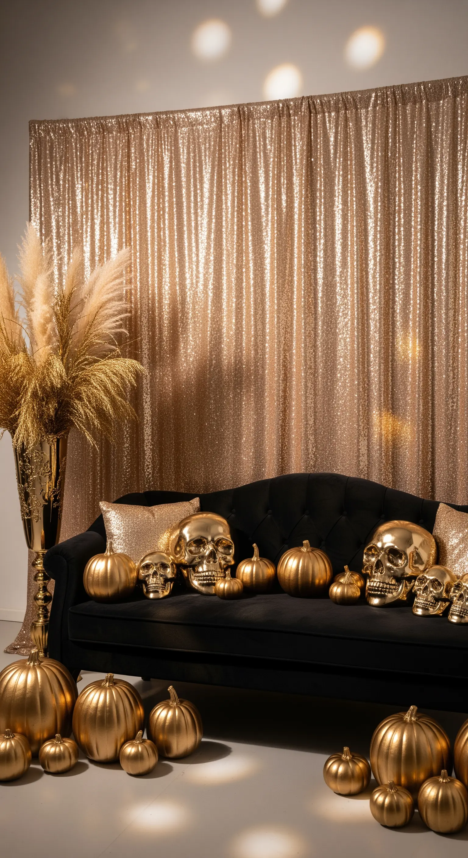 Glamouröses Gold-Schwarz Halloween-Set mit Paillettenvorhang, Sofa und goldenen Kürbissen