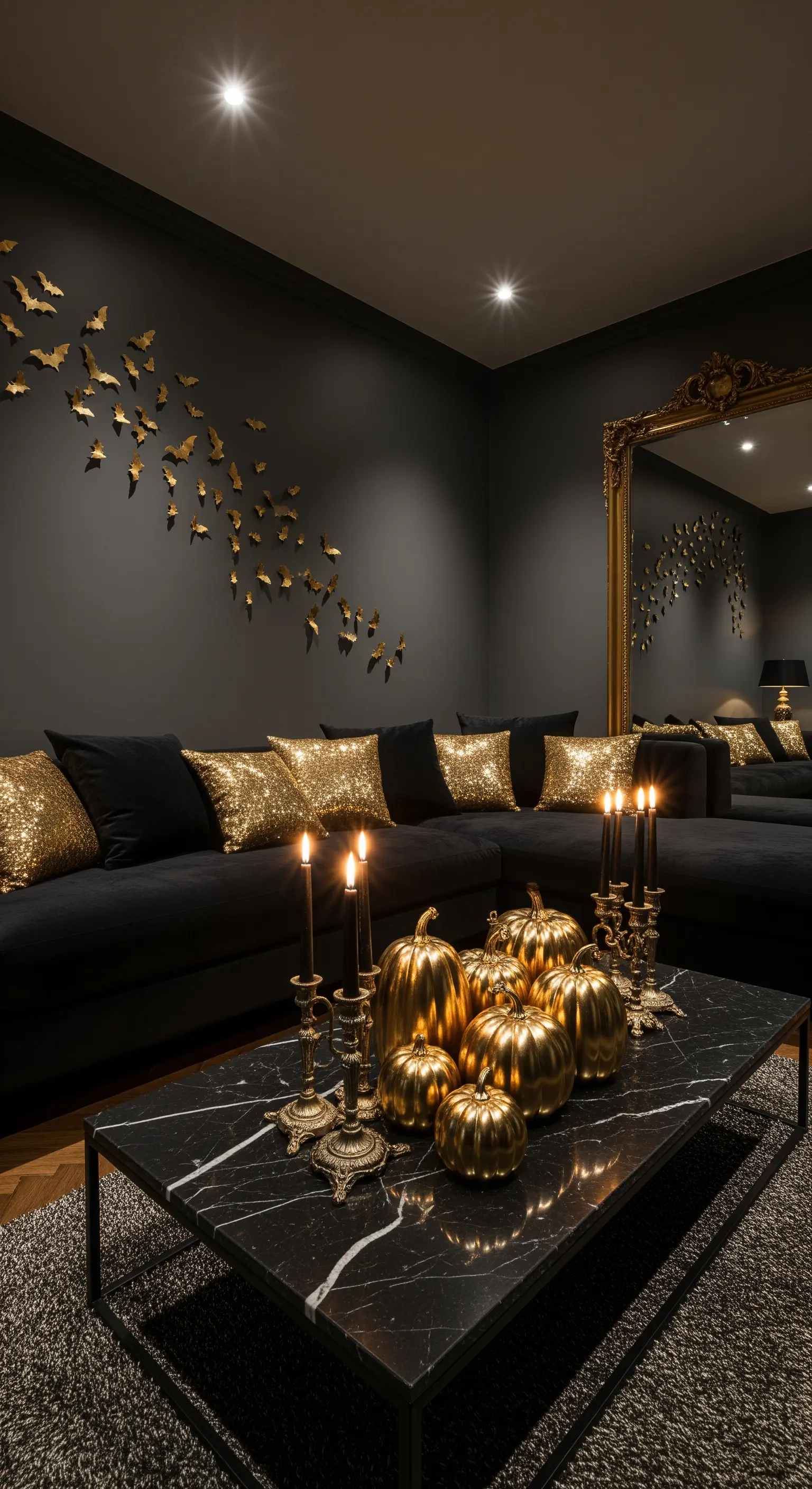 Schwarzes Wohnzimmer mit goldenen Fledermäusen, Samtsofa und Kürbis-Deko