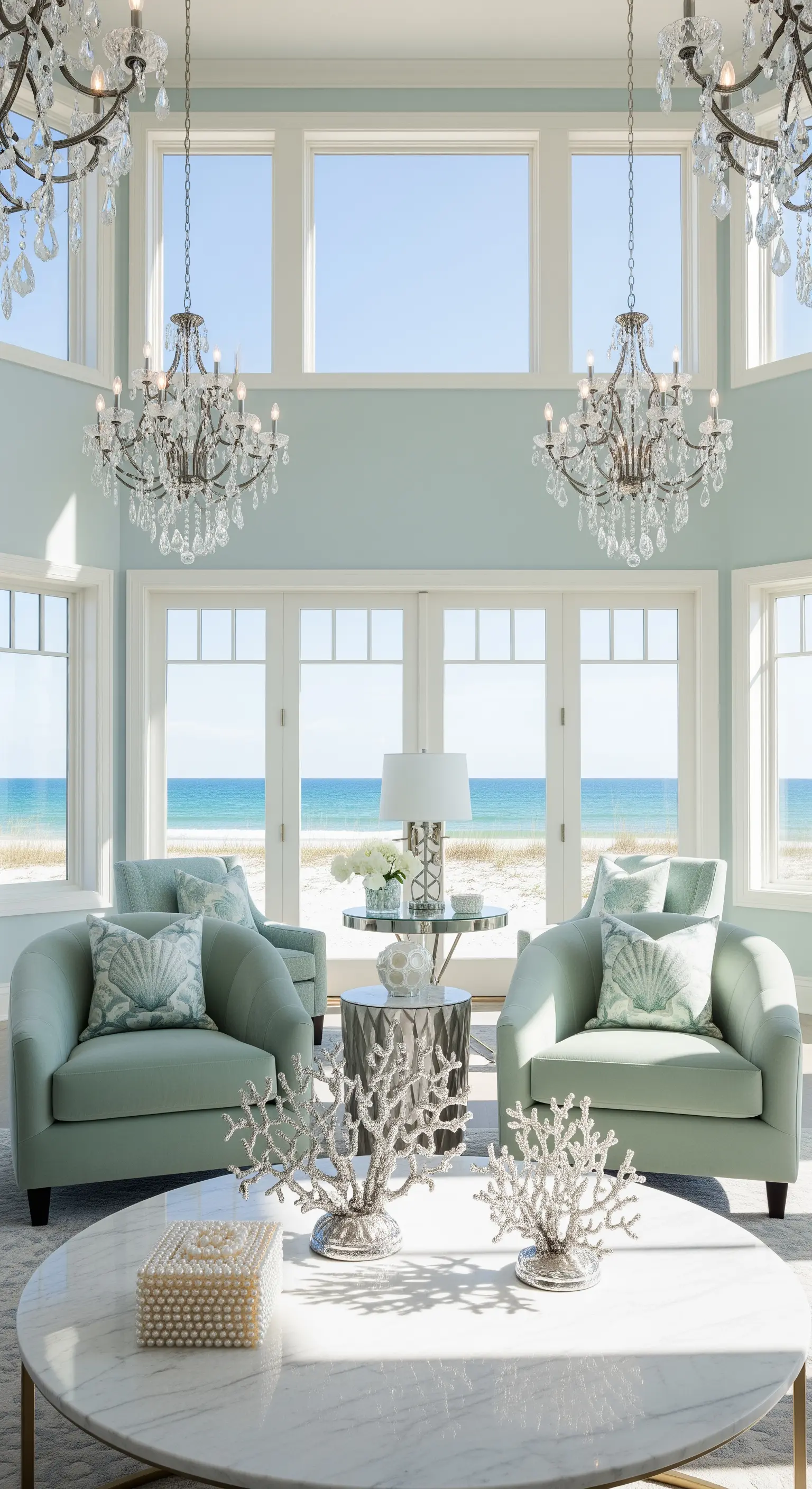 Glamouröses Küsten-Wohnzimmer, Kristallleuchter, Aquablau, Marmortisch, Korallendeko