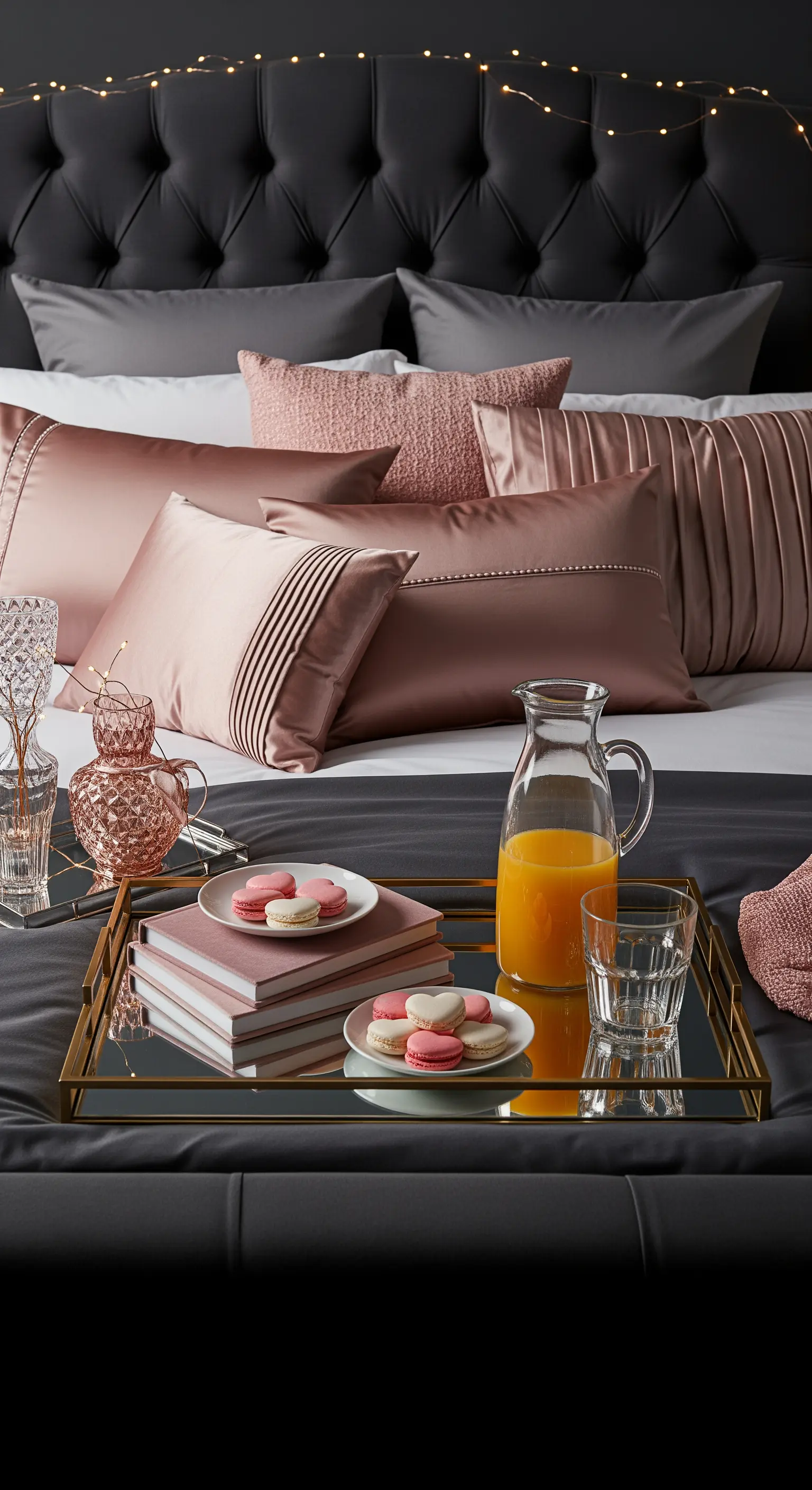 Glamouröses Frühstück mit Mauve-Kissen, Roségold-Tablett und Macarons im dunklen Schlafzimmer