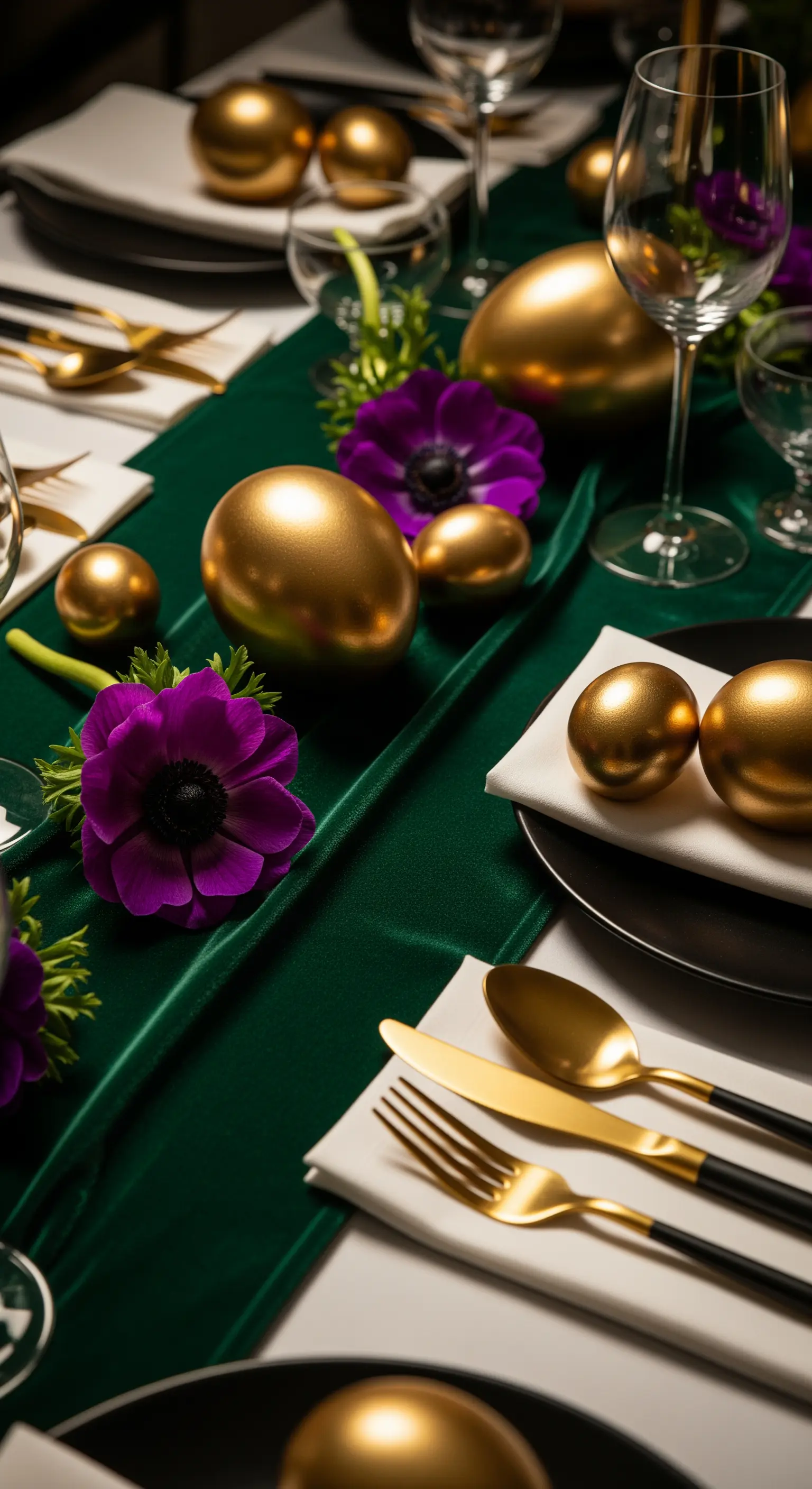 Glamouröse Ostertafel in Smaragdgrün und Gold mit violetten Anemonen