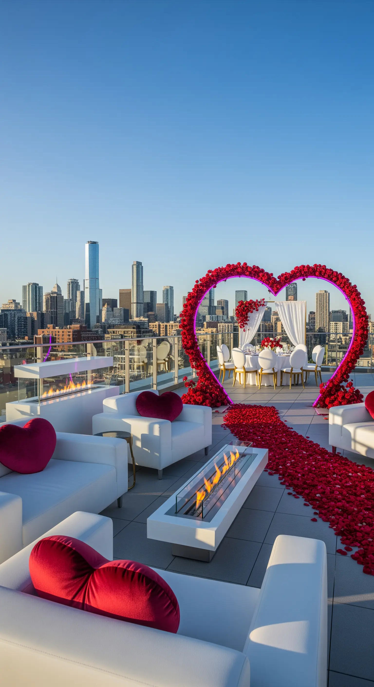 Rooftop-Terrasse mit Rosenbogen, weißen Loungemöbeln und Stadtblick bei Sonnenuntergang.