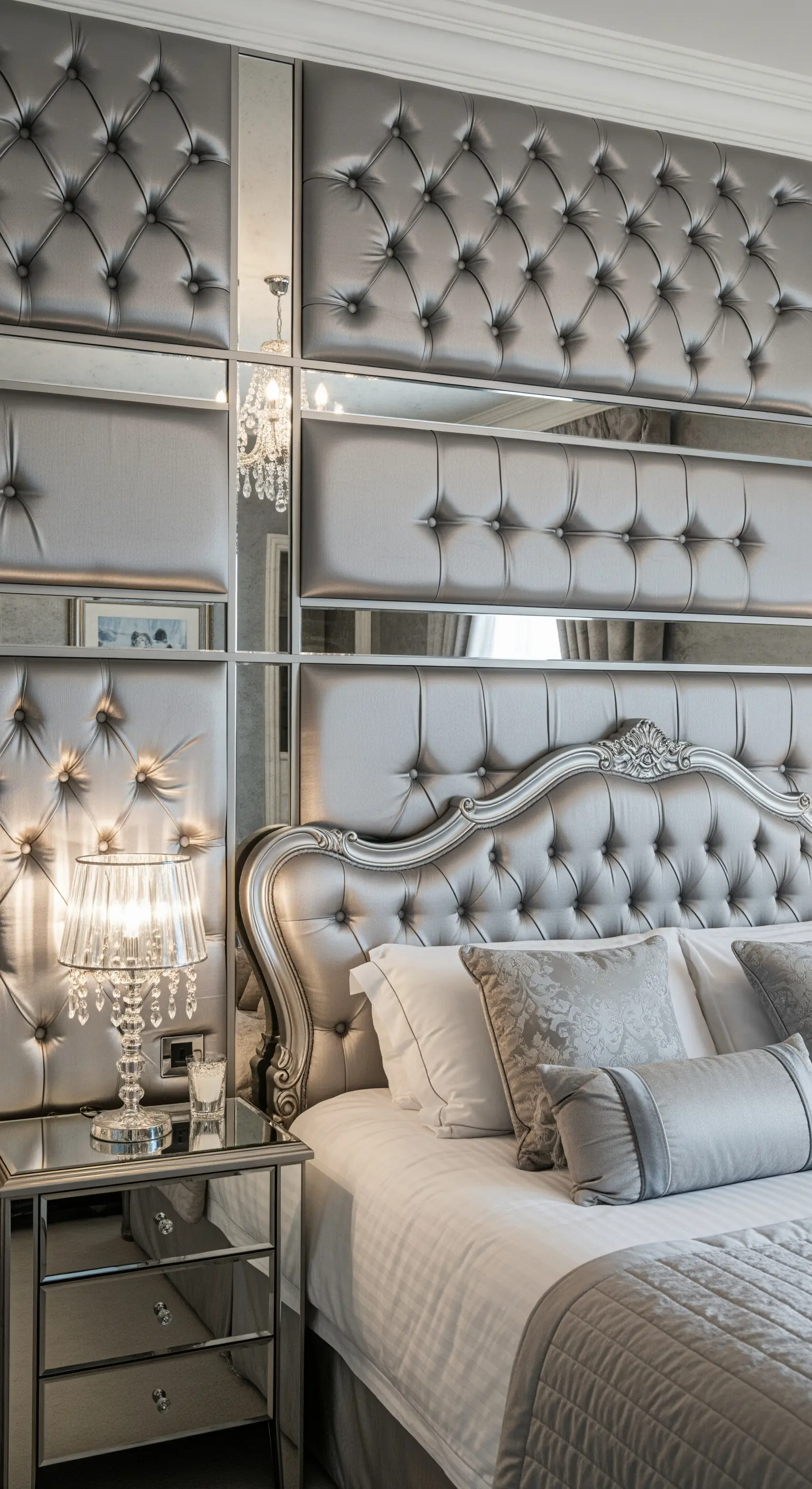 Silberne, getuftete Wandpaneele kombiniert mit Spiegelflächen für einen glamourösen Boudoir-Look.