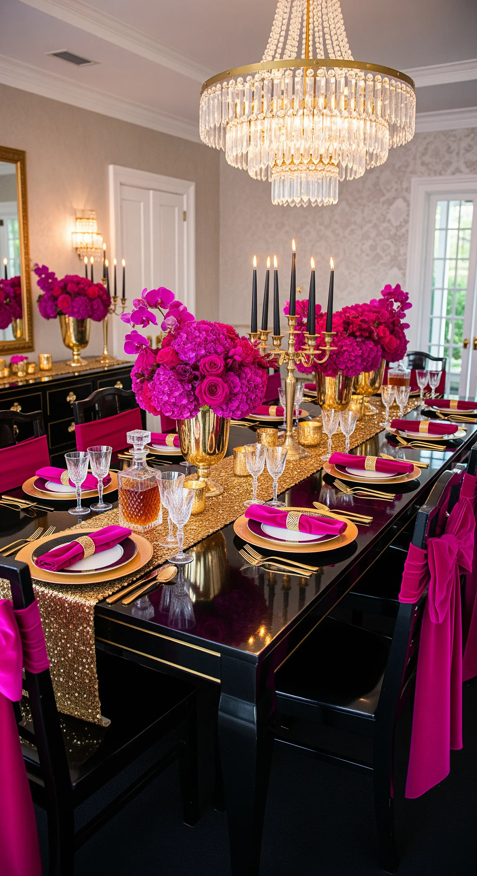 Glamouröse Tischdekoration in Fuchsia, Gold und Schwarz mit üppigen Blumen und Kerzen