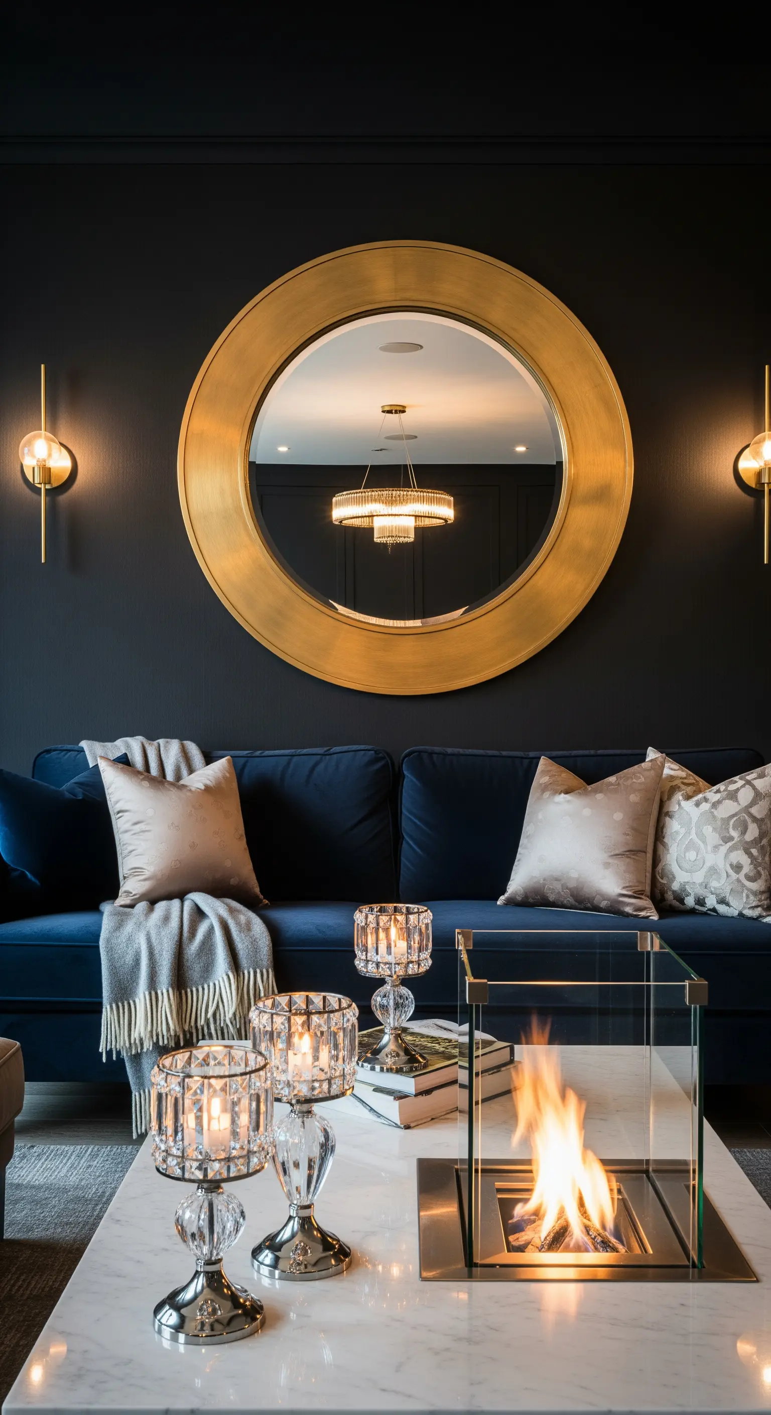 Dunkles, glamouröses Wohnzimmer mit blauem Samtsofa, Goldspiegel und Kristallkerzenständern.