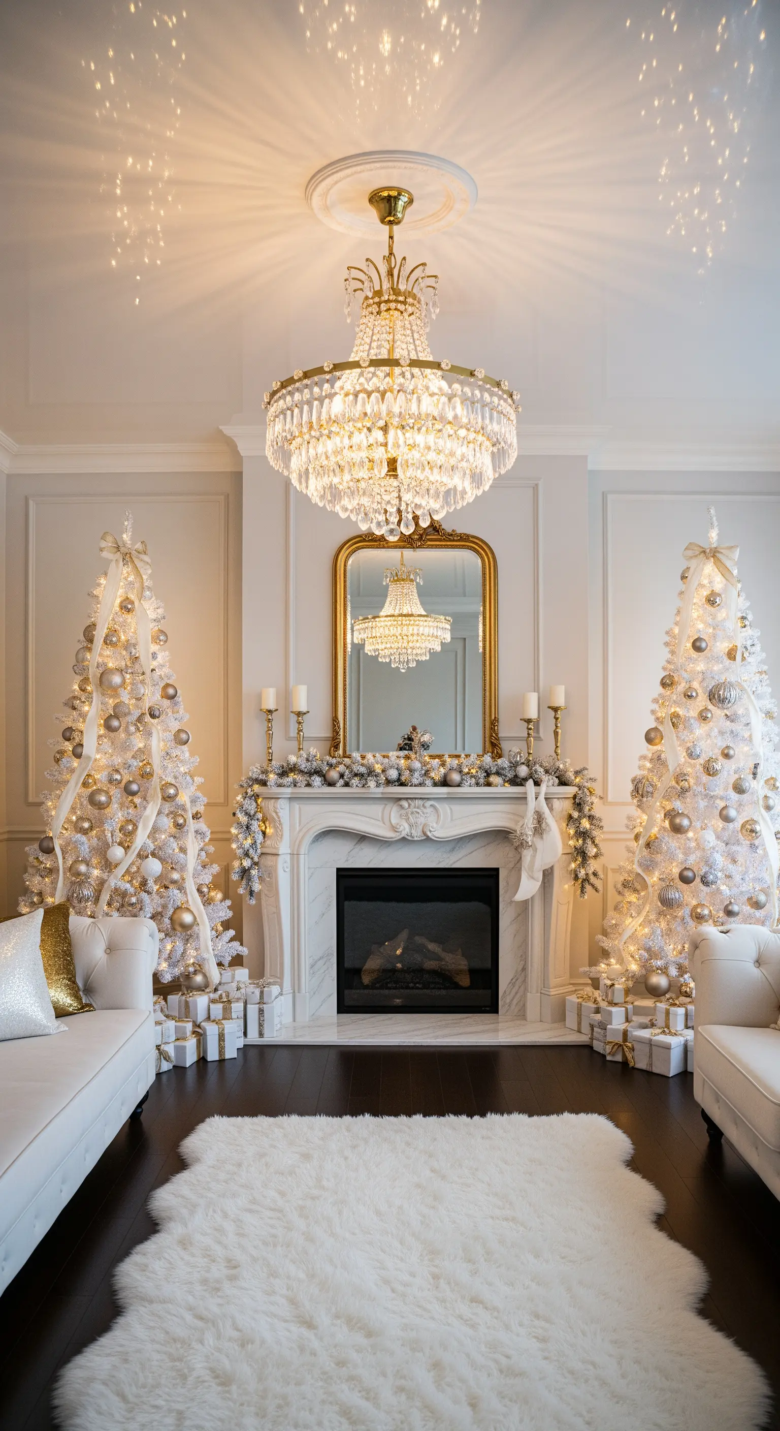 Luxuriöses Wohnzimmer mit zwei weißen Weihnachtsbäumen, goldenen Akzenten und Kronleuchter.