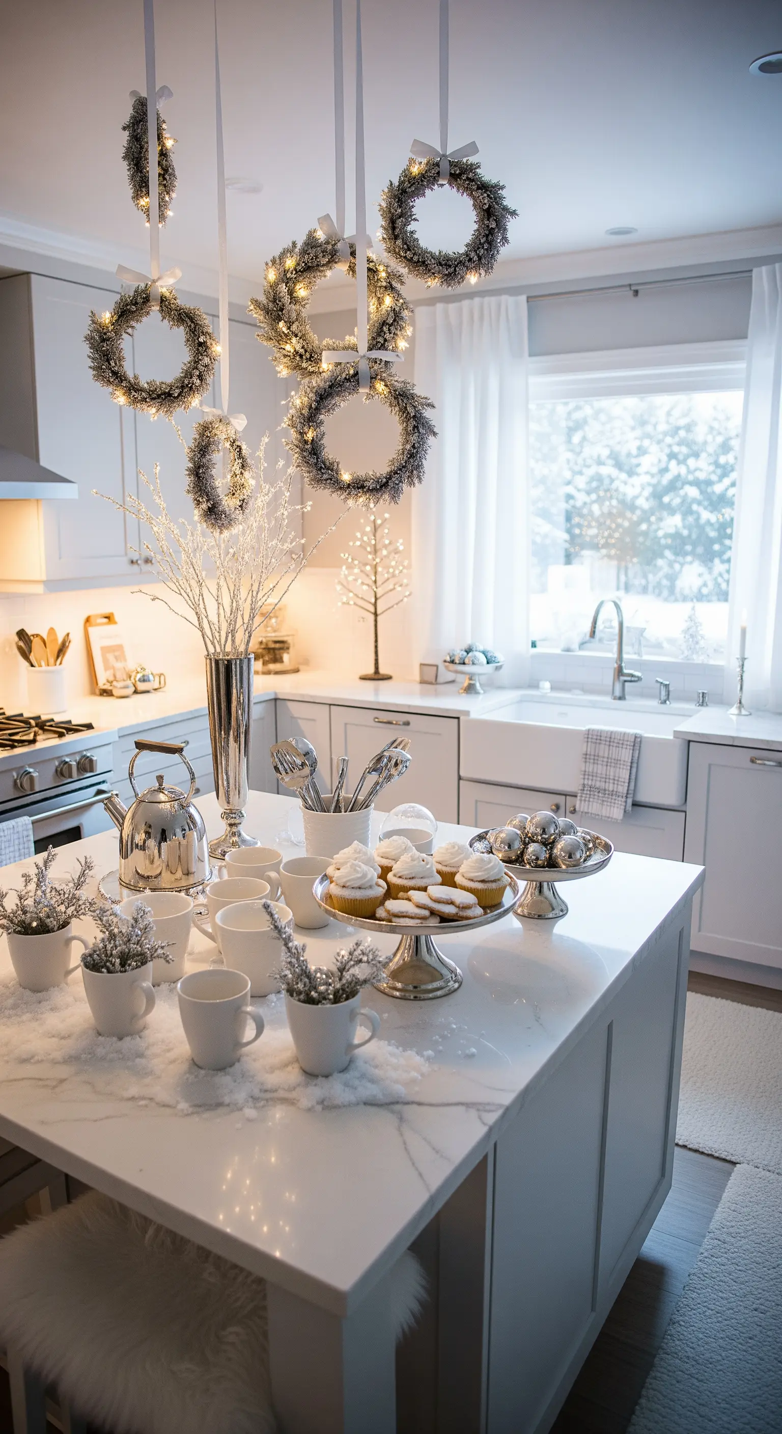 Weiße Küche mit silberner Deko, hängenden Lichterkränzen und winterlich geschmückter Insel