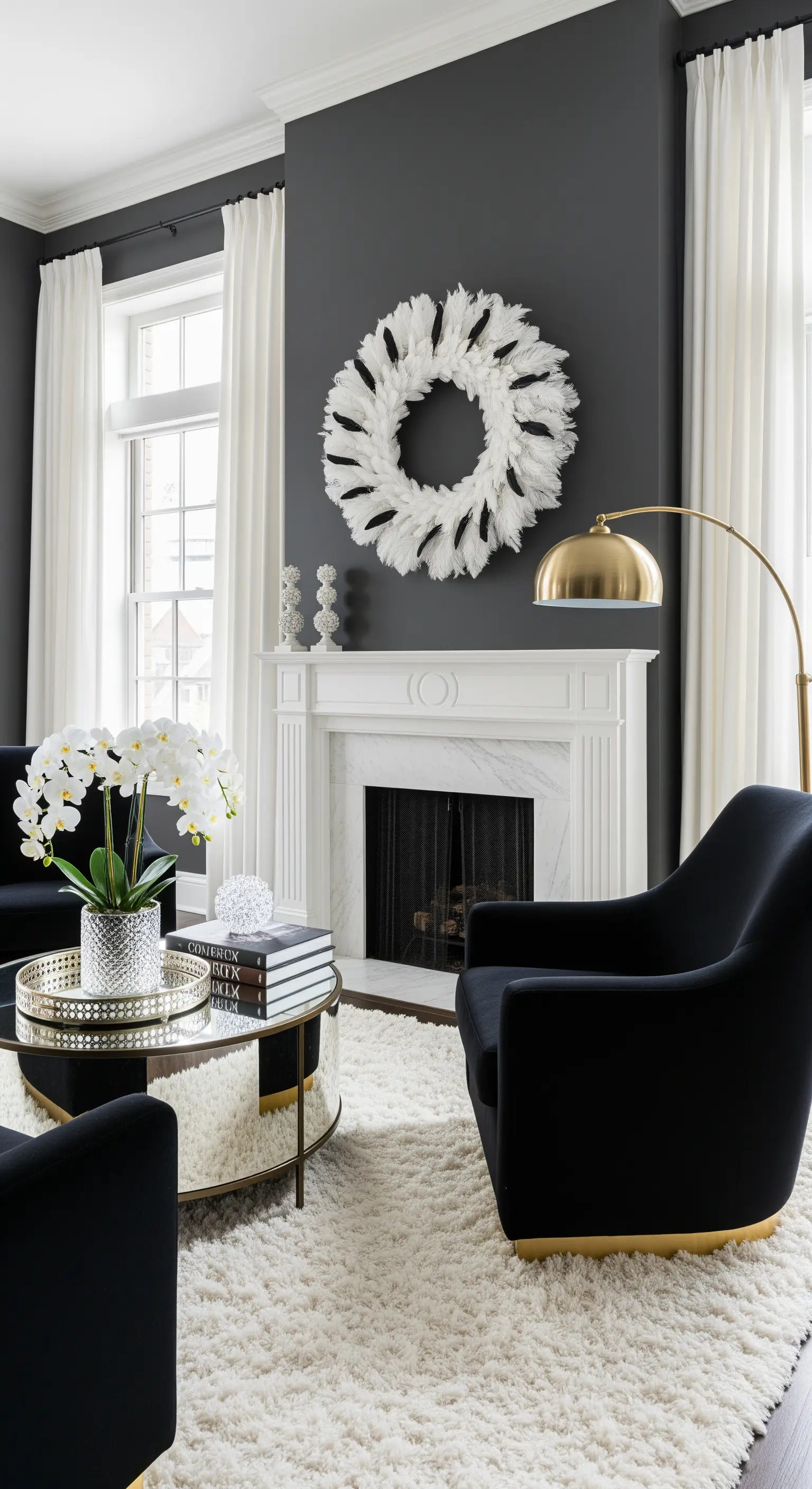 Elegantes Wohnzimmer mit schwarzen Sesseln, Goldakzenten und weißem Federkranz.