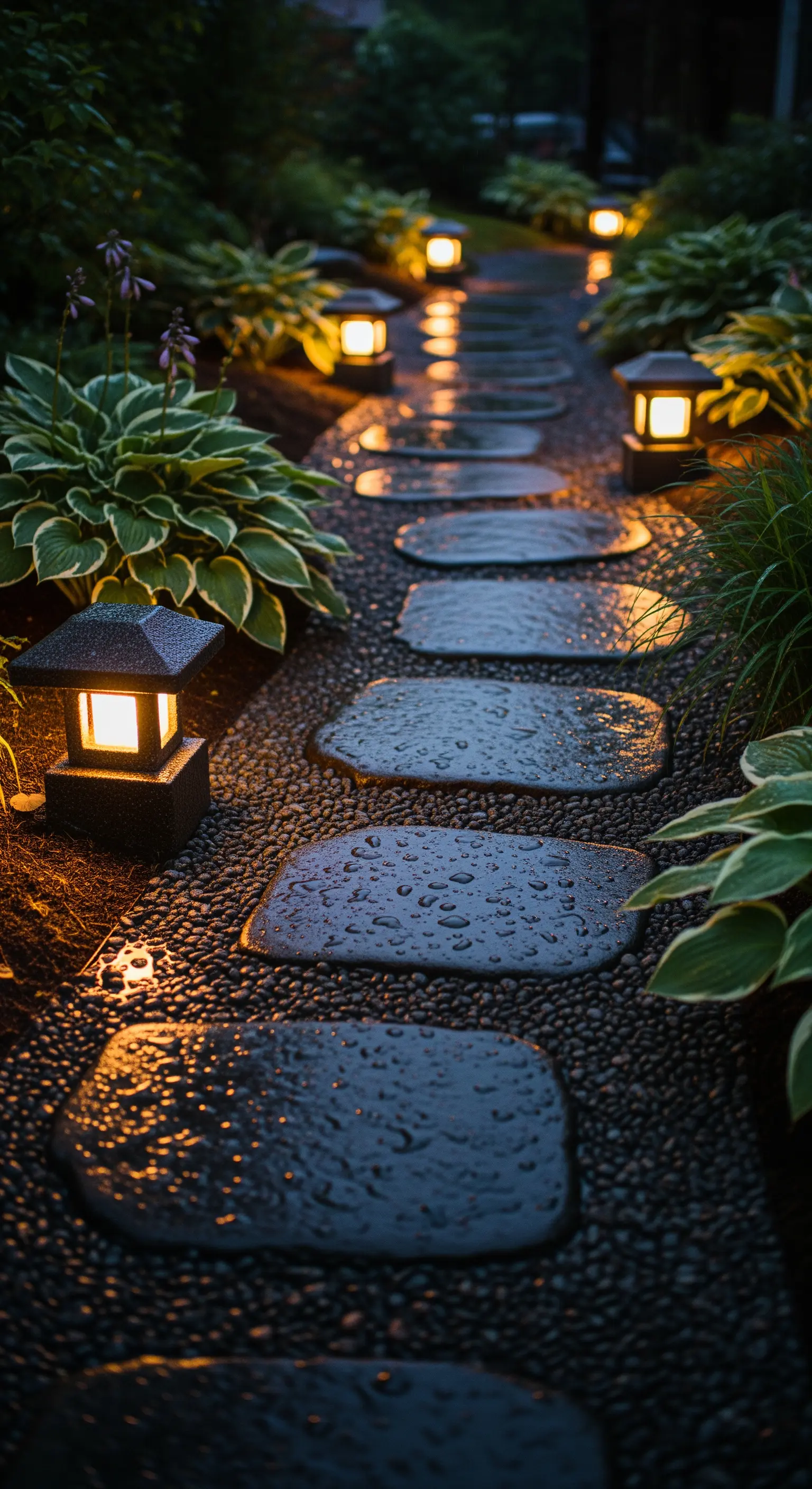 Nasser Steinpfad im Kiesbett, gesäumt von kleinen leuchtenden Laternen und Hosta-Pflanzen.