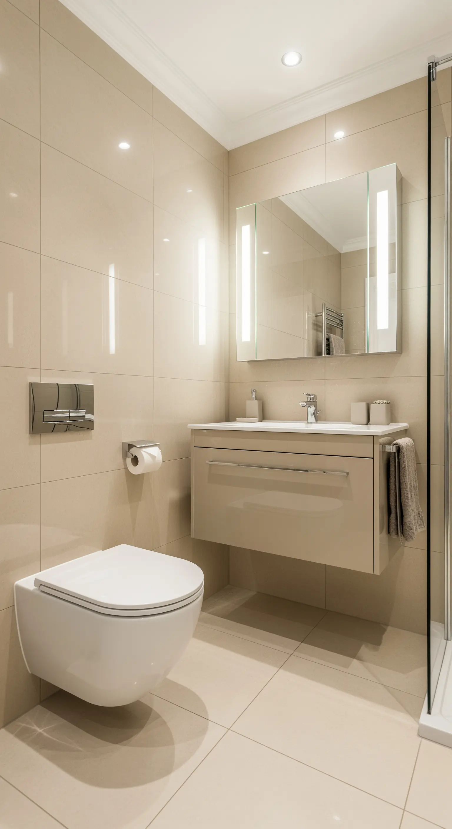 Kleines, modernes Badezimmer mit glänzenden, beigefarbenen Fliesen und schwebenden Sanitärobjekten.