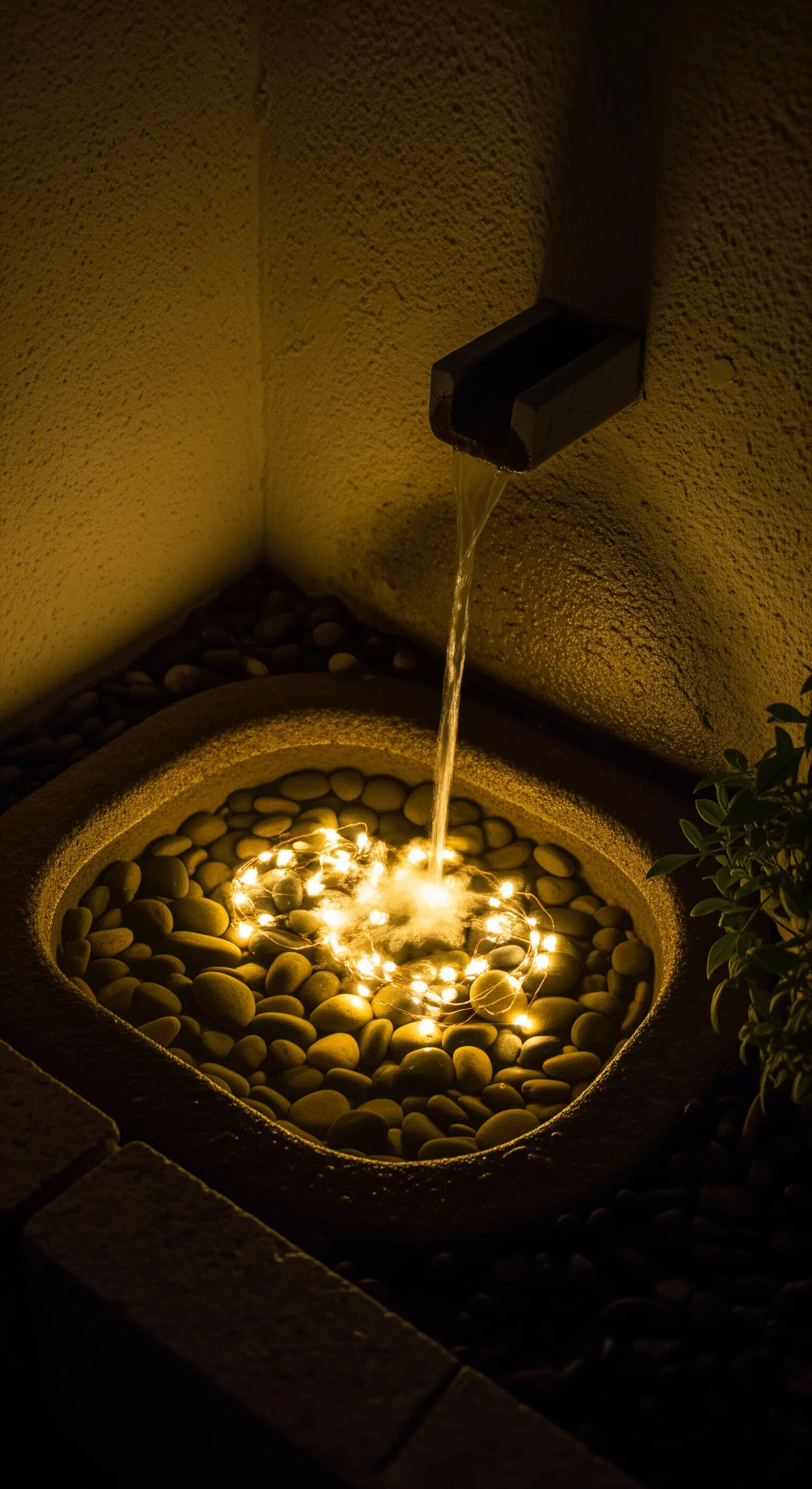 Kleiner Brunnen, in dessen Wasserbecken eine wasserdichte Lichterkette zwischen den Steinen leuchtet.