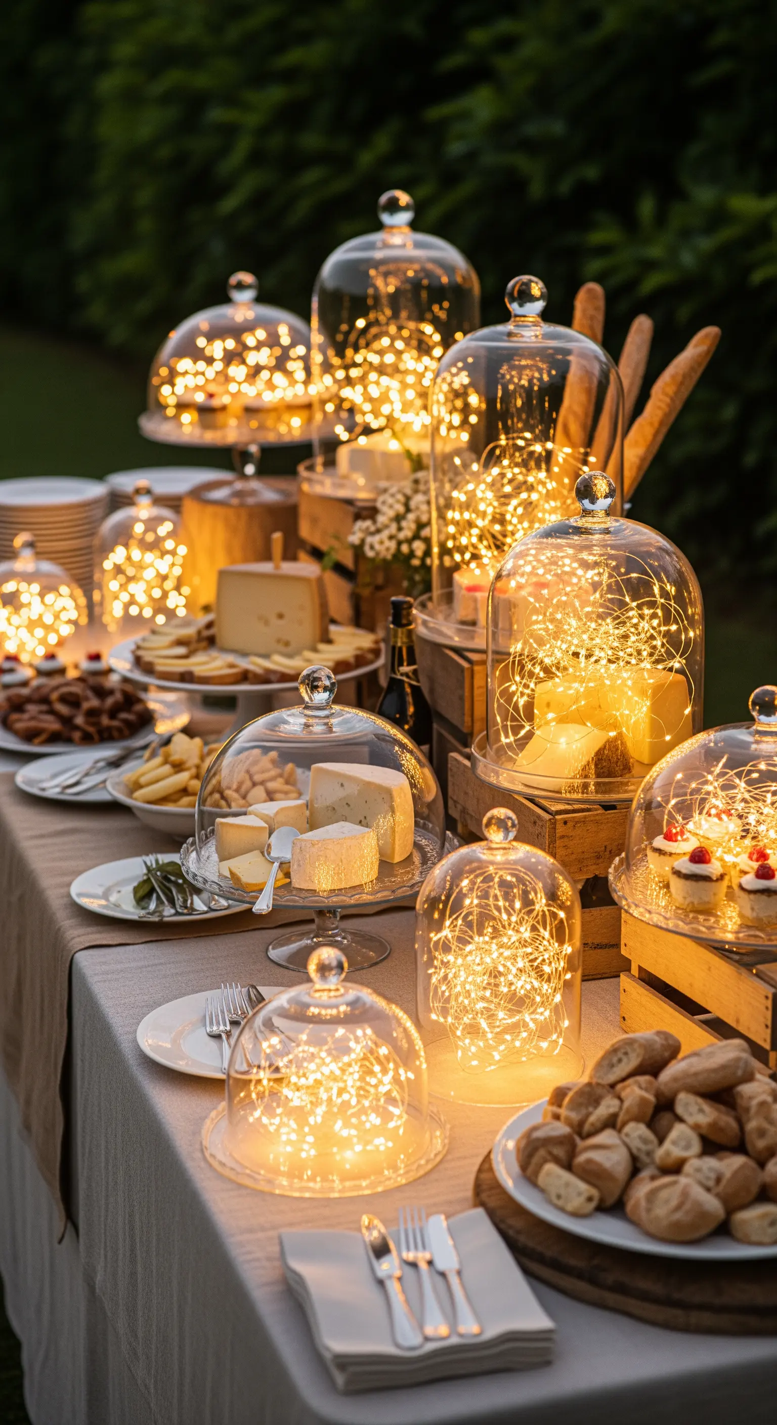 Buffet-Tisch, auf dem Glasglocken mit Lichterketten gefüllt sind und Speisen präsentieren.