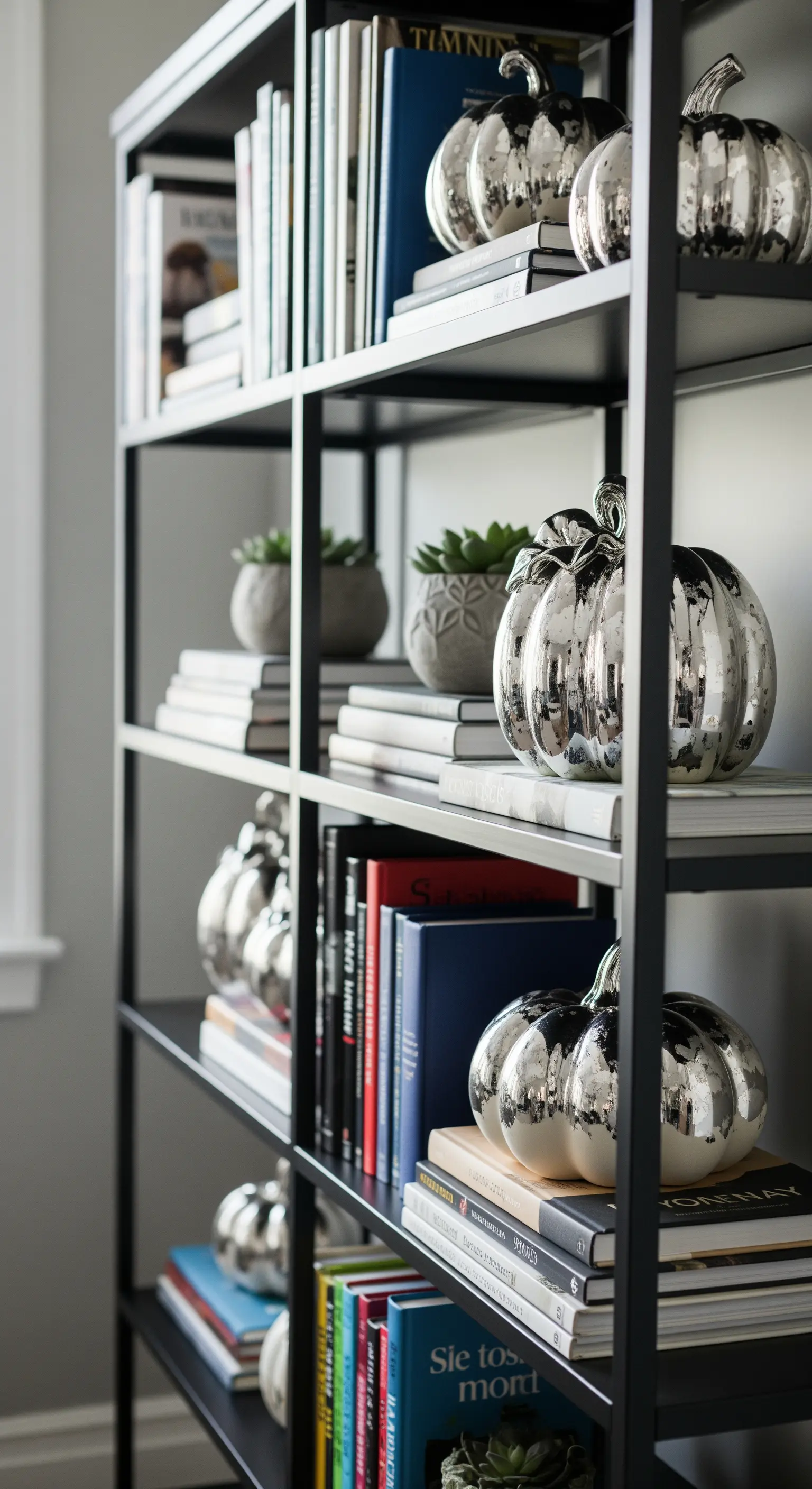 Bücherregal mit silbernen Keramikkürbissen, Büchern und Sukkulenten.
