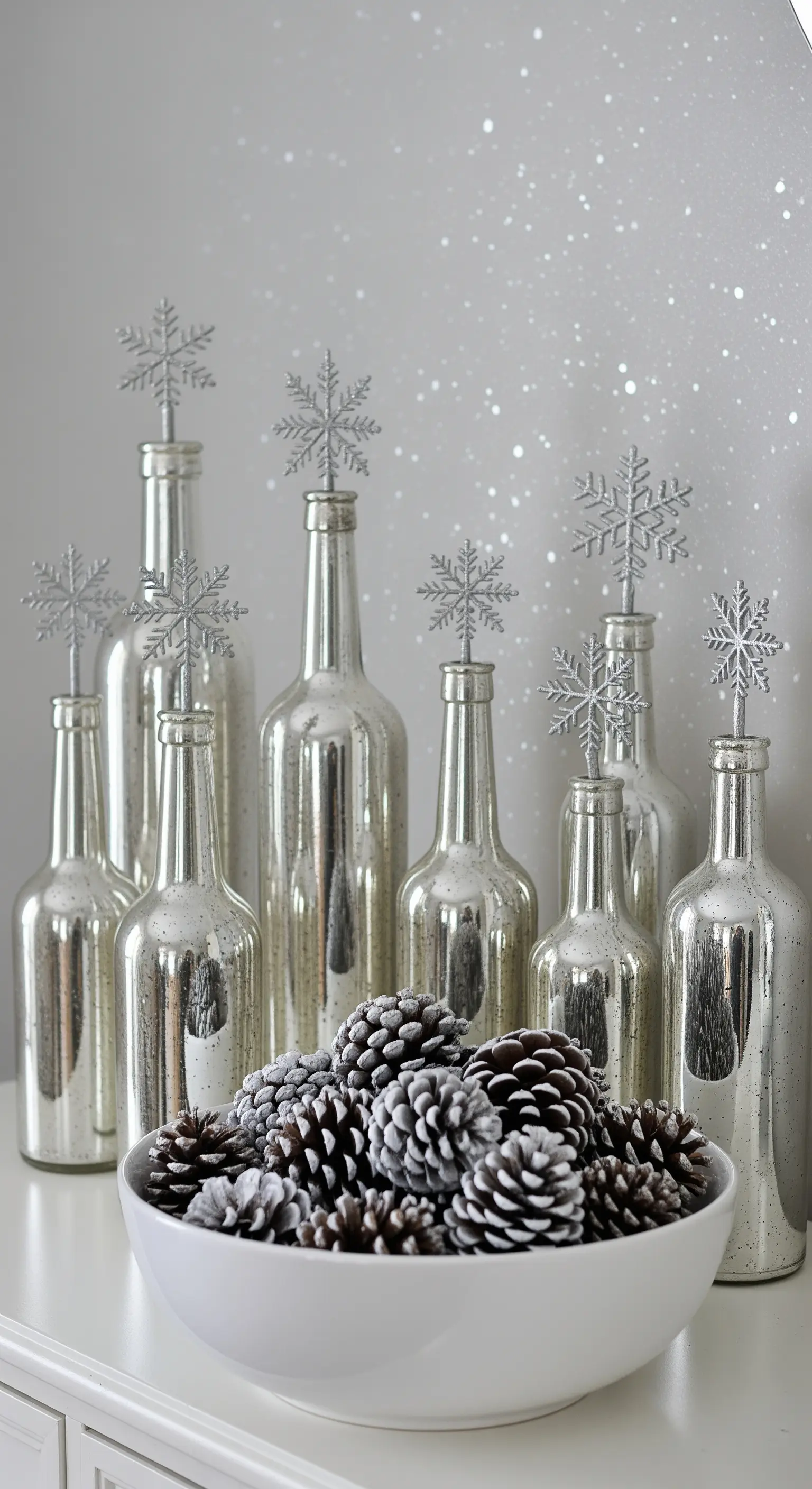Silberne Flaschen mit Schneeflocken-Anhängern und Schale voll bereifter Kiefernzapfen
