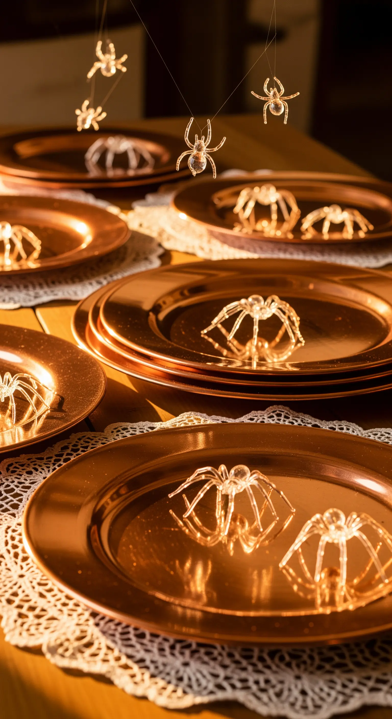 Halloween Tischdeko mit kupferfarbenen Tellern und funkelnden Kristallspinnen