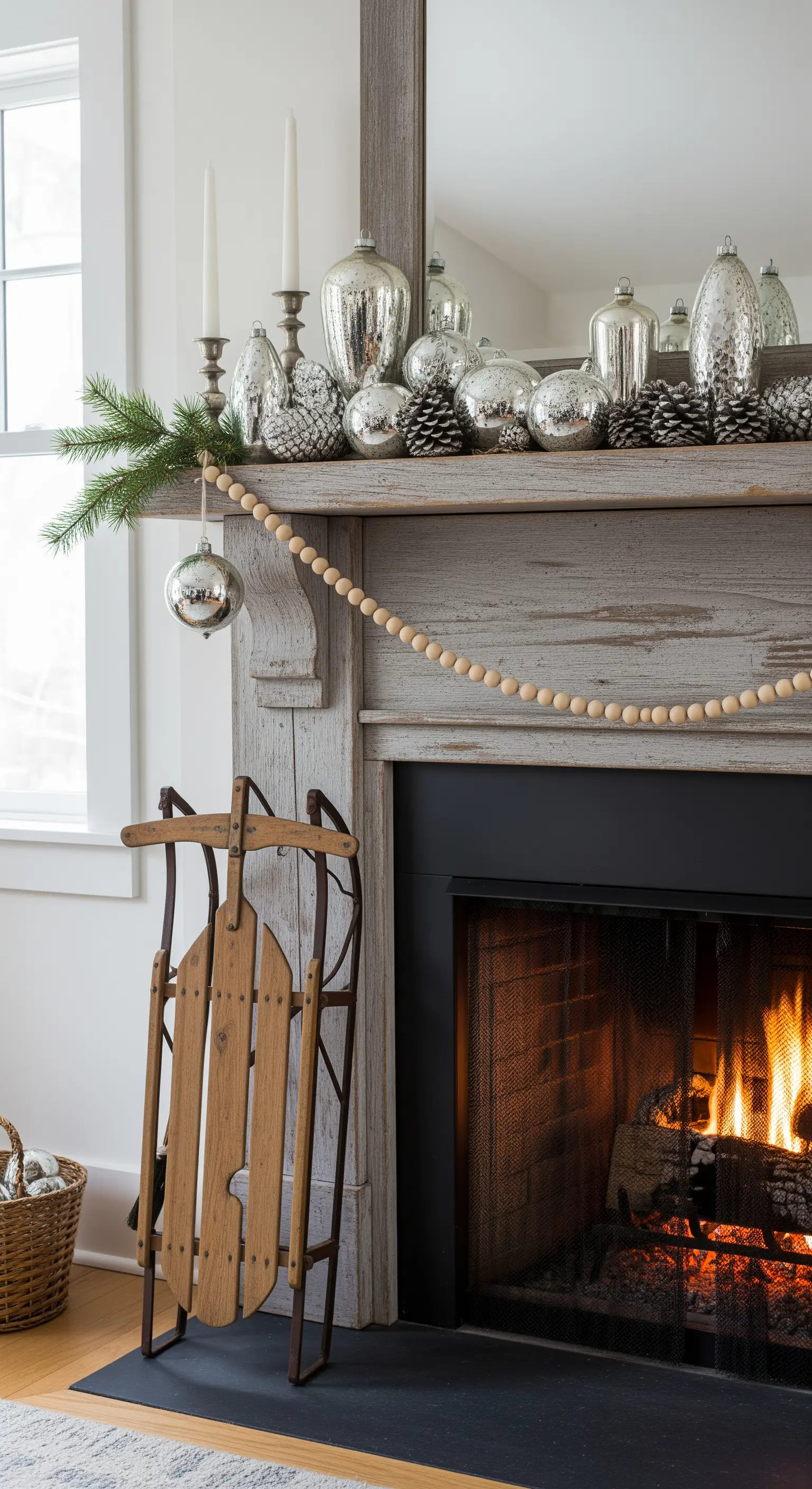 Quecksilberglas-Ornamente, Tannenzapfen und Holzschlitten am Kamin